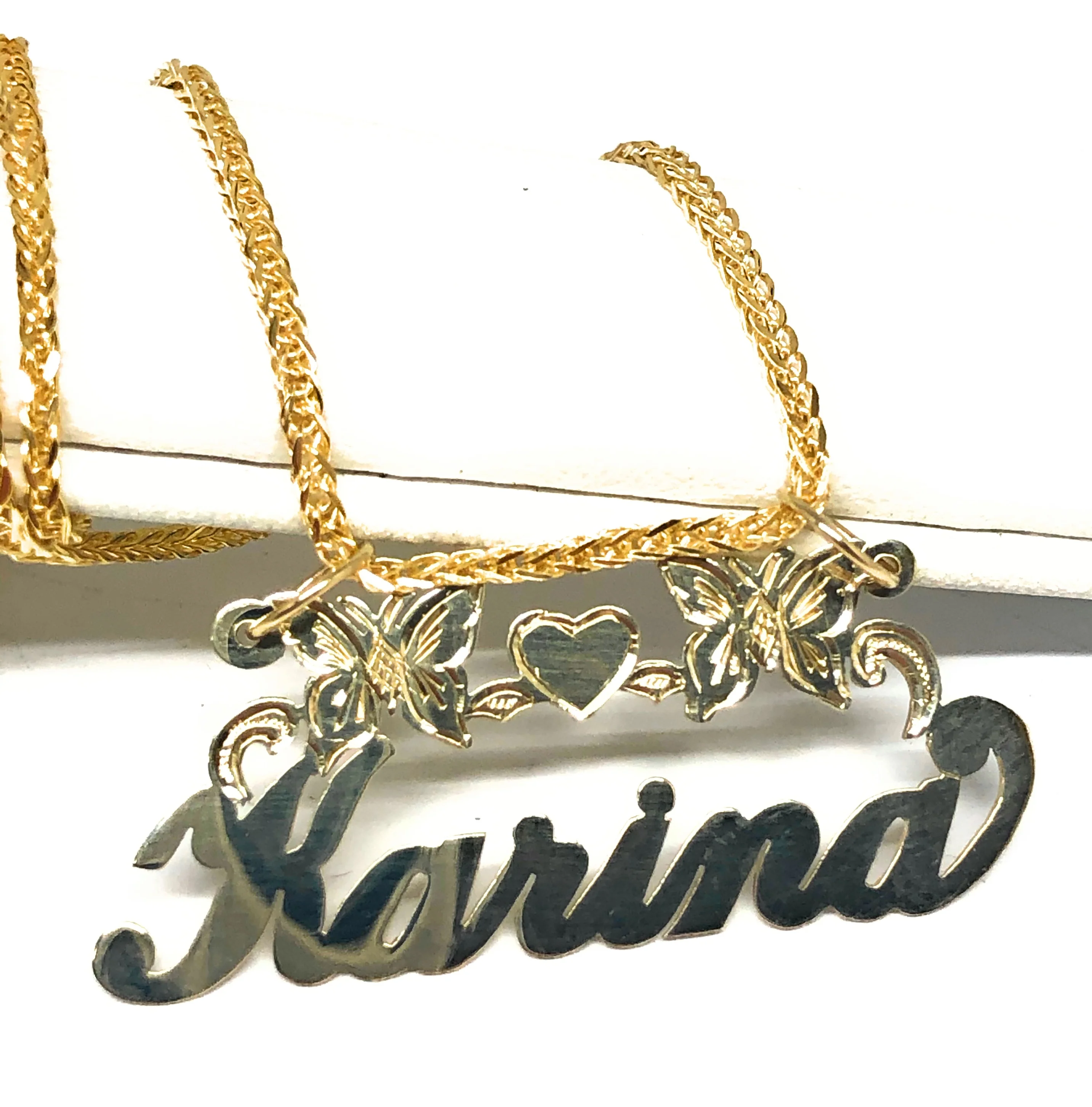 10k Solid Gold Yellow Cursive Butterflies & Heart Custom Nameplate Pendant Necklace with Chain Options - Image 3