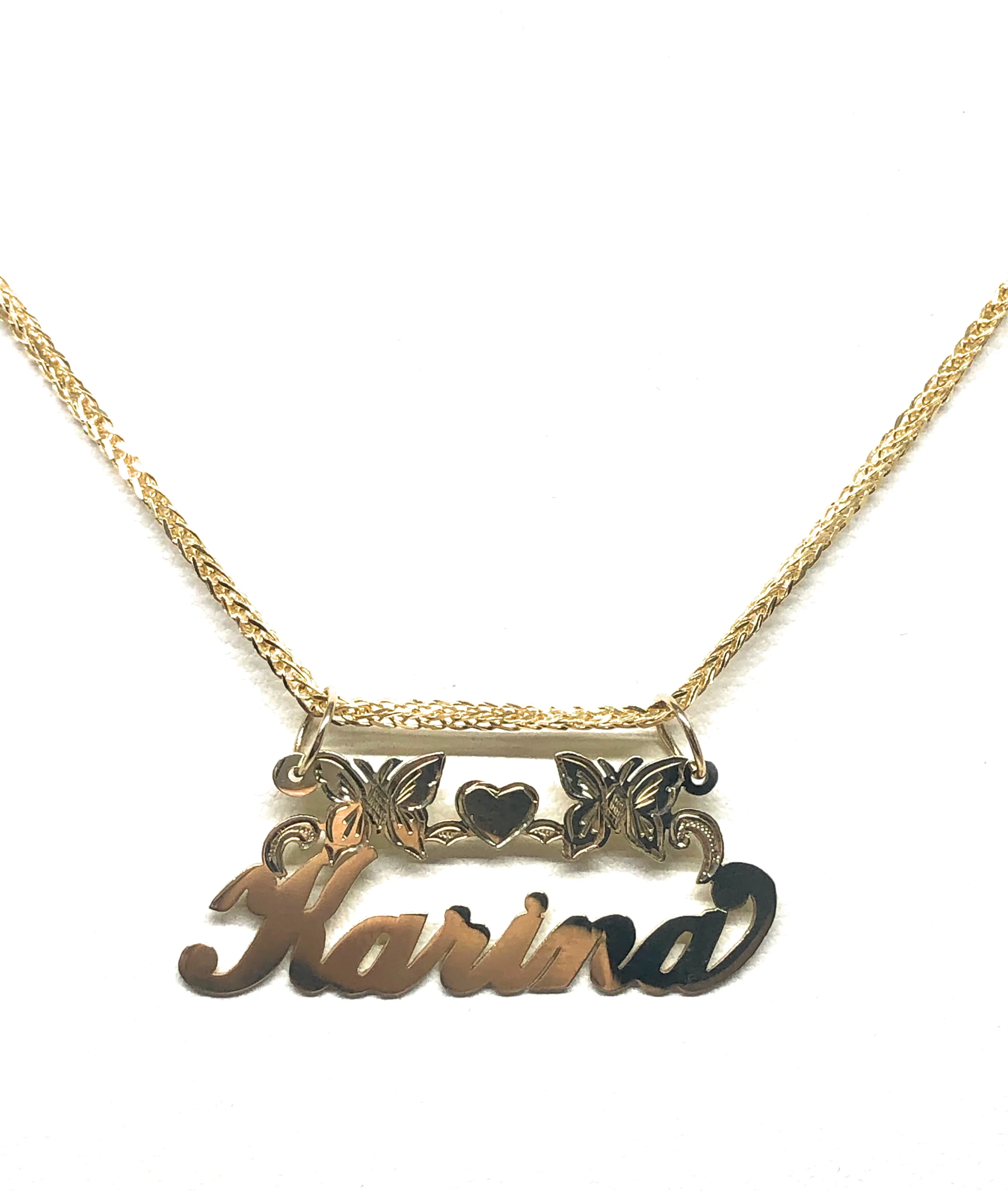 10k Solid Gold Yellow Cursive Butterflies & Heart Custom Nameplate Pendant Necklace with Chain Options - Image 4