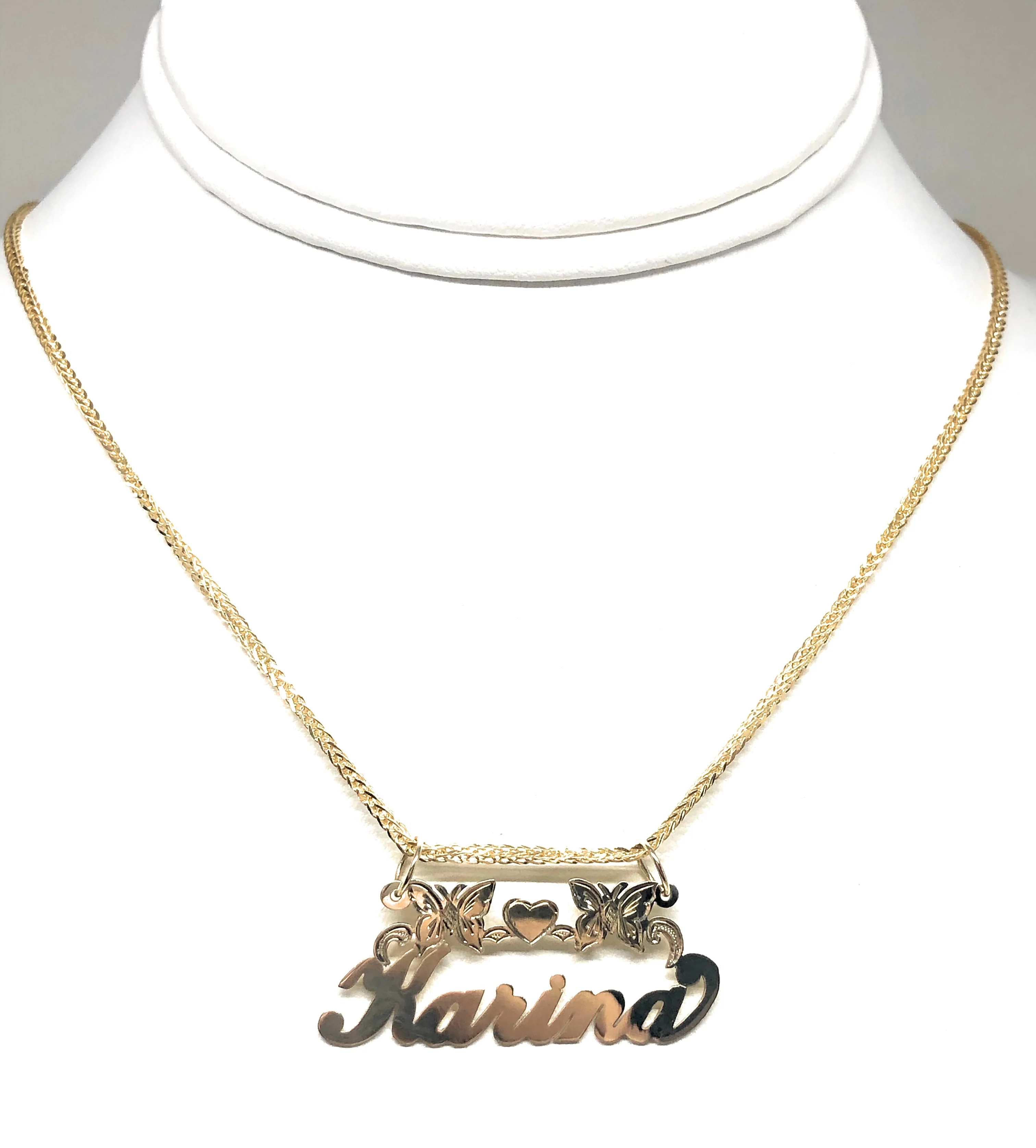 10k Solid Gold Yellow Cursive Butterflies & Heart Custom Nameplate Pendant Necklace with Chain Options - Image 5