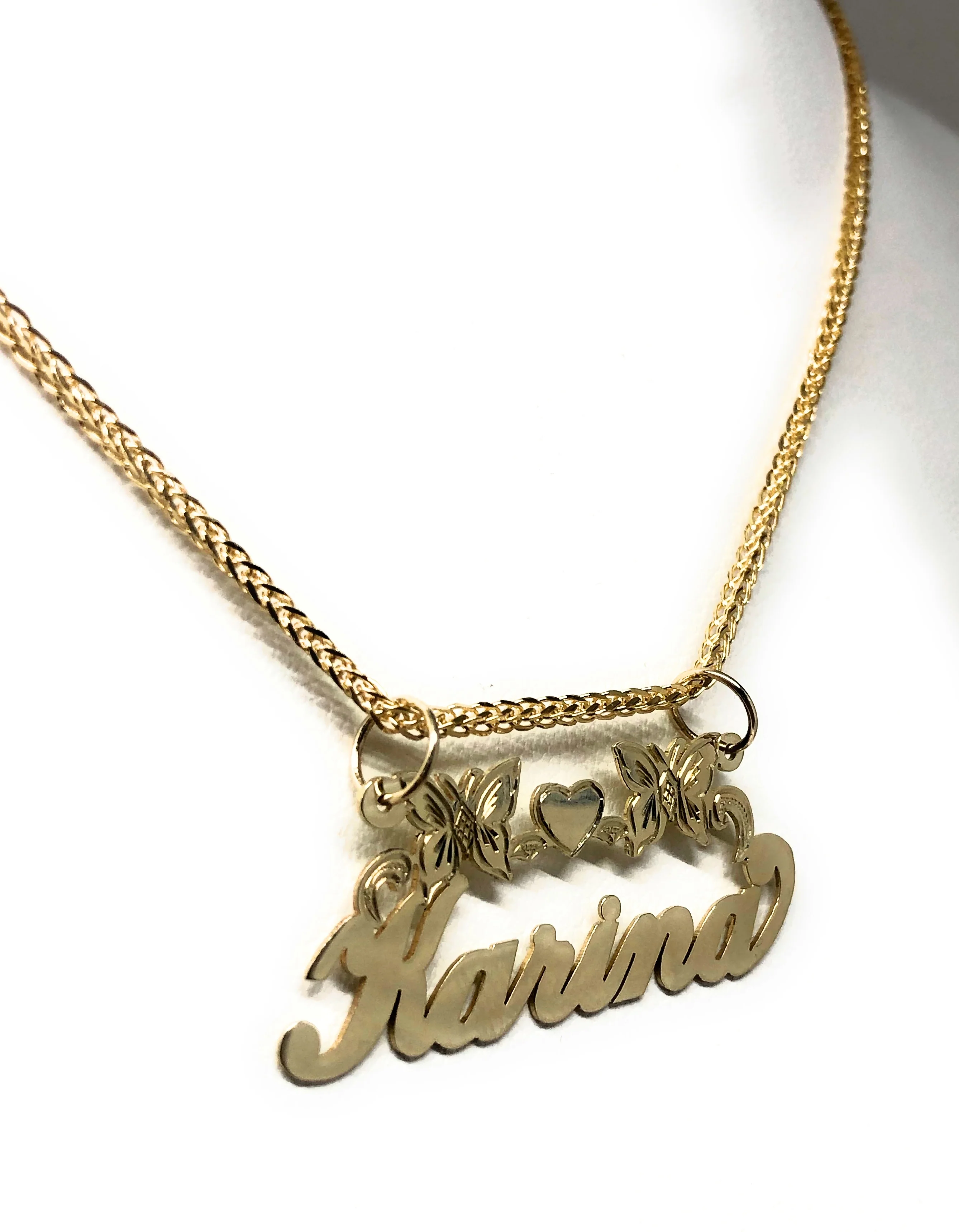 10k Solid Gold Yellow Cursive Butterflies & Heart Custom Nameplate Pendant Necklace with Chain Options - Image 6