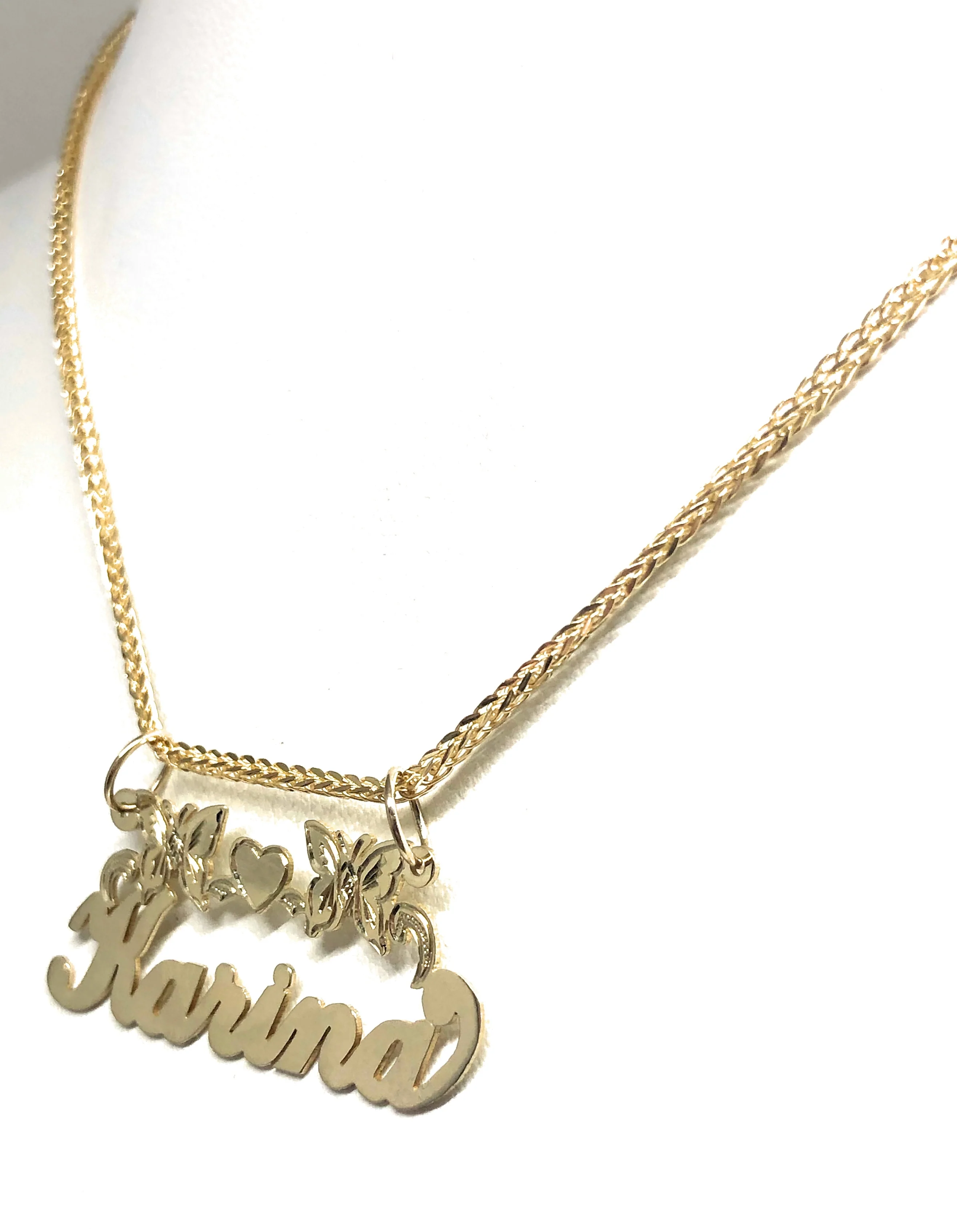 10k Solid Gold Yellow Cursive Butterflies & Heart Custom Nameplate Pendant Necklace with Chain Options - Image 7
