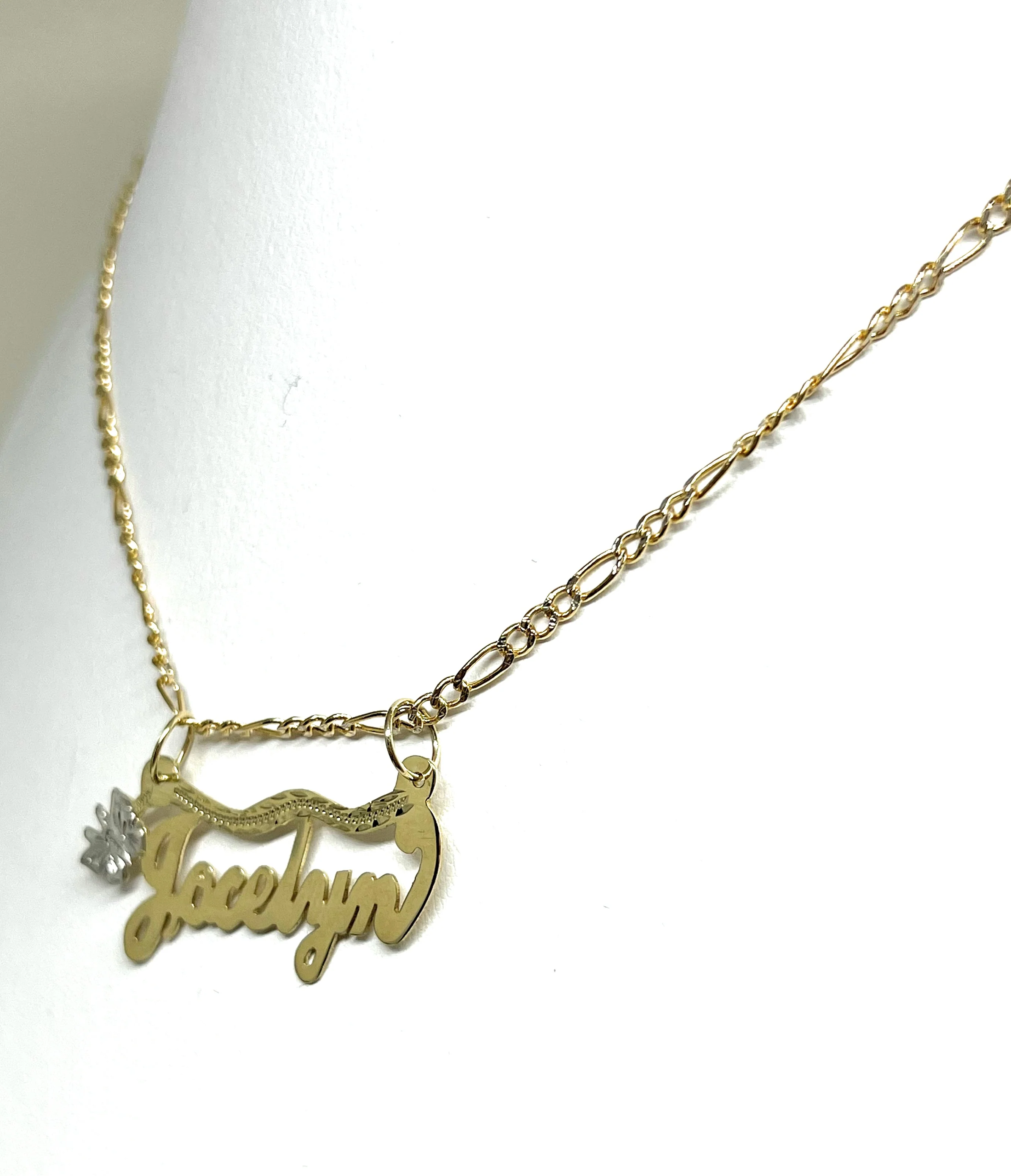 10k Solid Gold Yellow Cursive Butterfly Custom Nameplate Pendant Necklace with Chain Options - Image 5