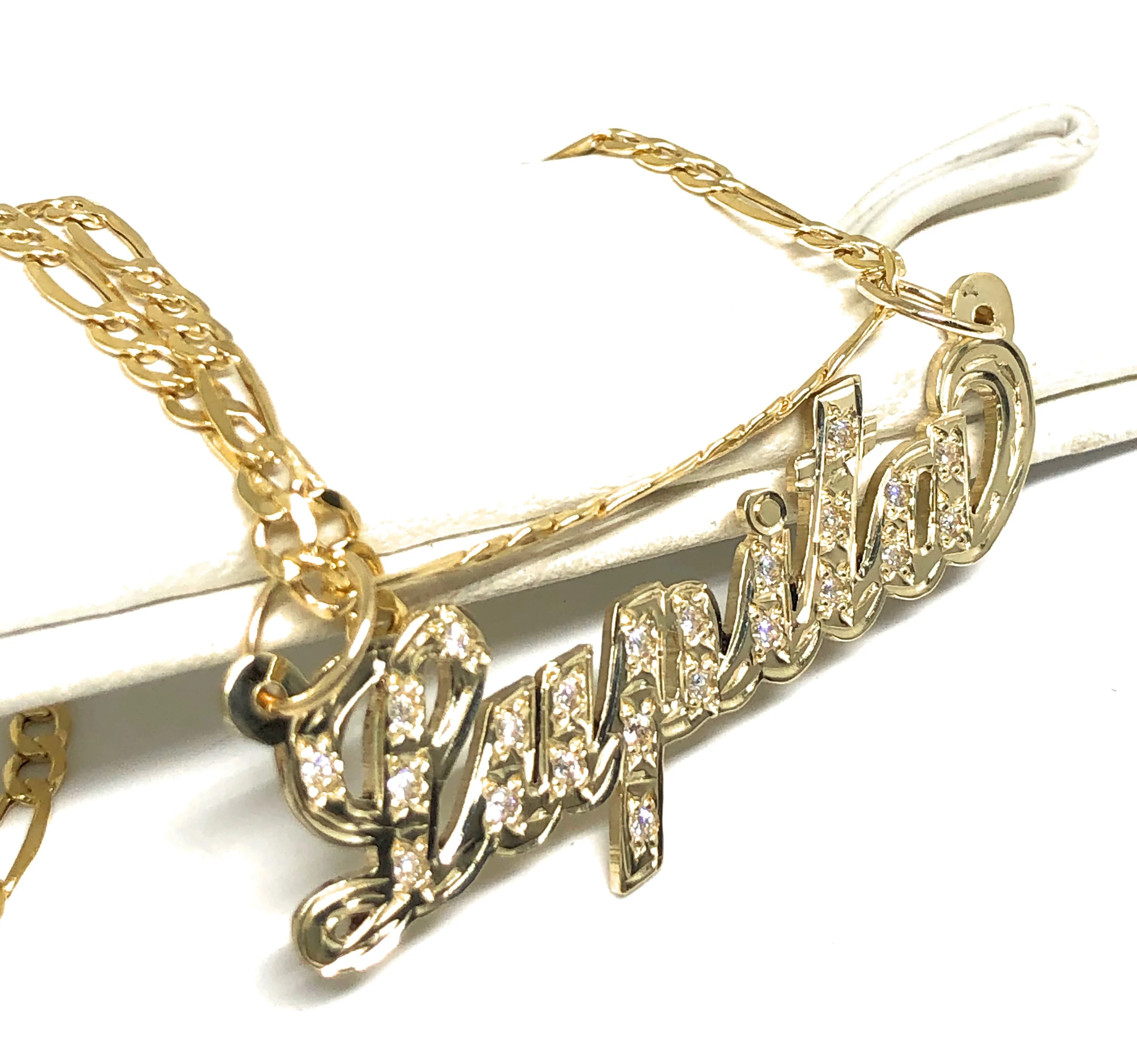 10k Solid Gold Yellow Cursive CZ Stones Custom Nameplate Pendant Necklace with Chain Options - Image 4