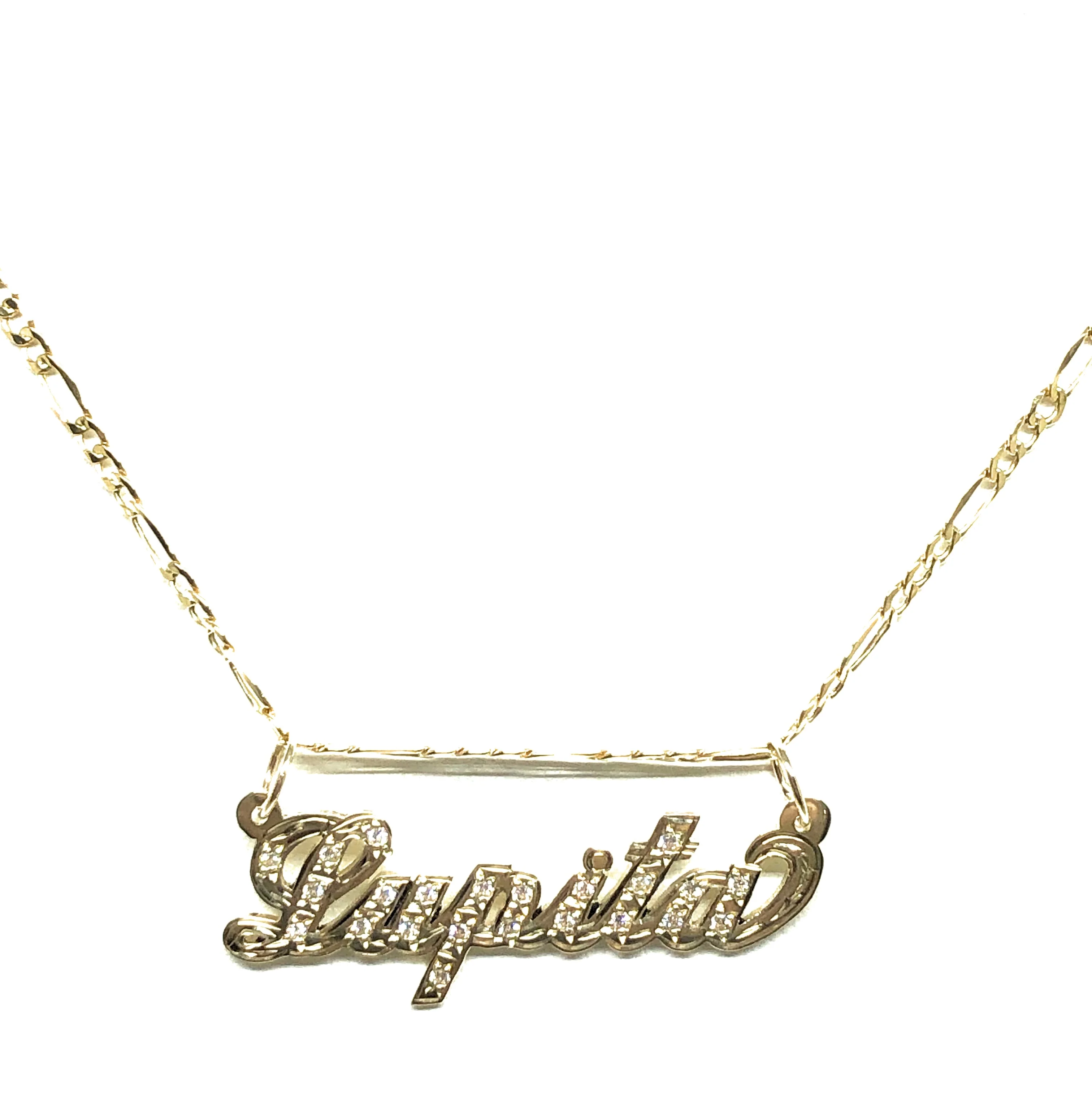 10k Solid Gold Yellow Cursive CZ Stones Custom Nameplate Pendant Necklace with Chain Options - Image 5