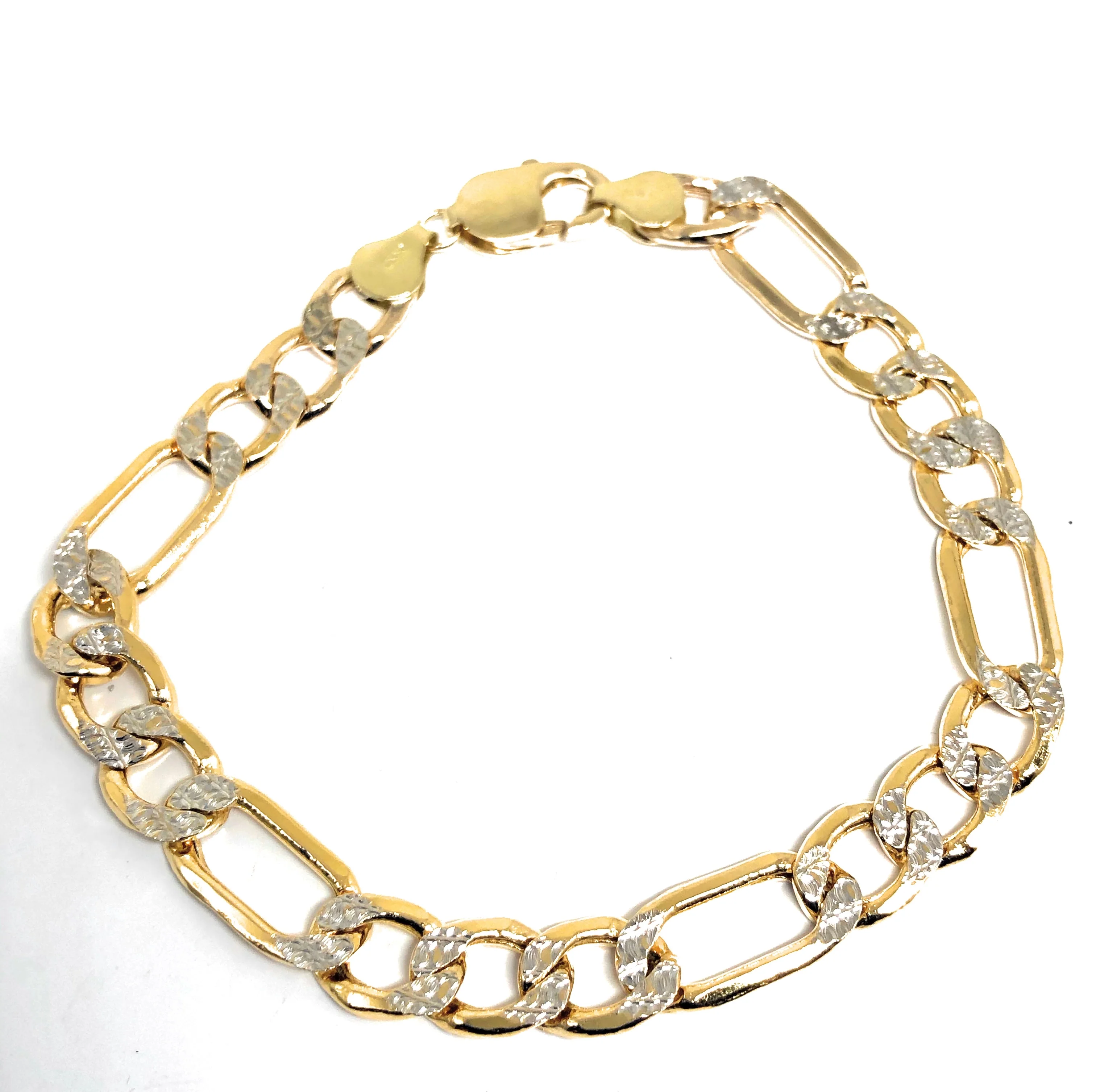 10k Solid Gold Yellow Figaro Diamond Cut (White Gold) Brracelet 8-9 inch 9mm Width (SEMI-HOLLOW STYLE) - Image 3