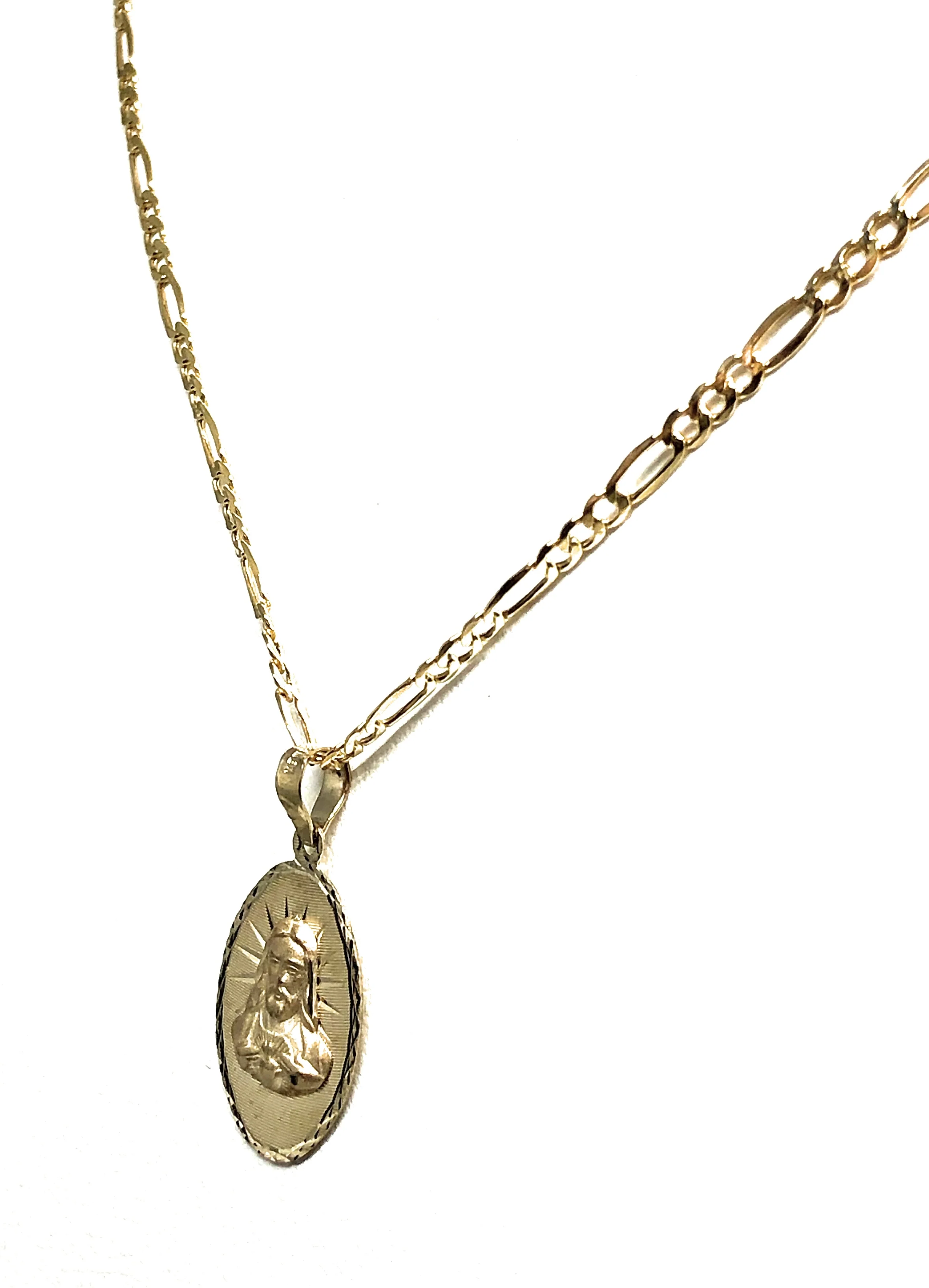 10k Solid Gold Yellow Gold Classic Jesus Sagrado Corazon Oval Pendant Necklace Figaro Chain - Image 3