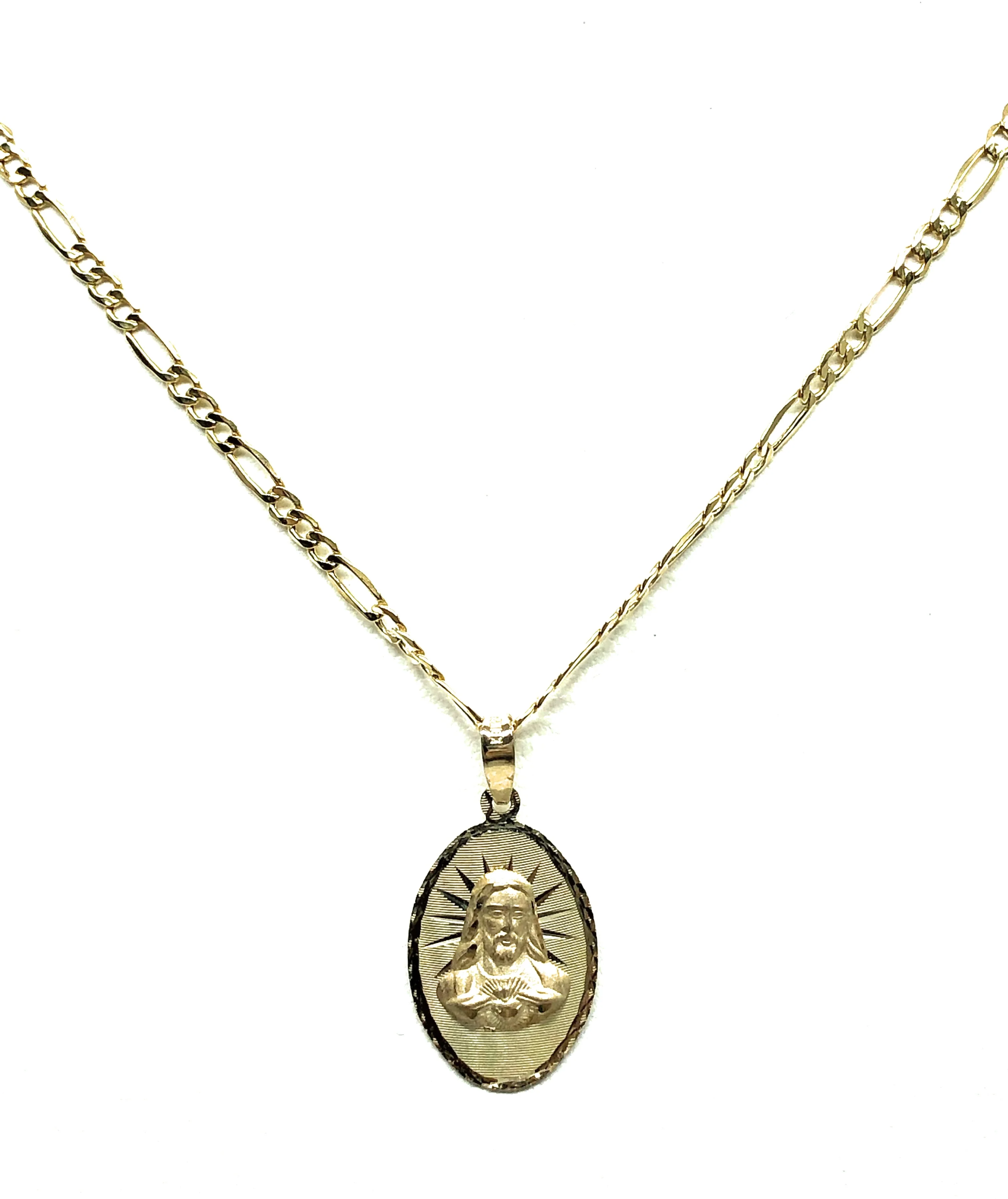 10k Solid Gold Yellow Gold Classic Jesus Sagrado Corazon Oval Pendant Necklace Figaro Chain - Image 4