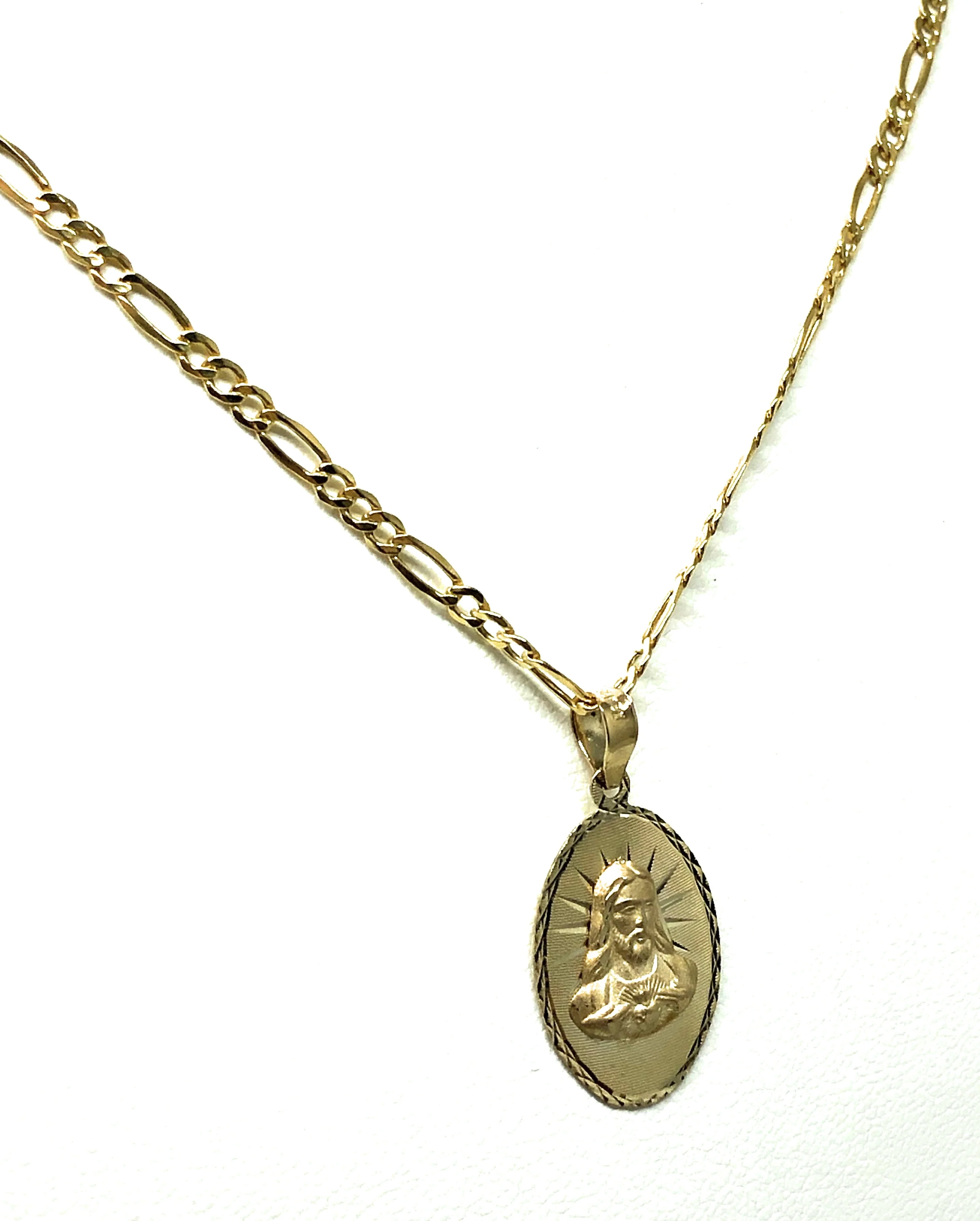 10k Solid Gold Yellow Gold Classic Jesus Sagrado Corazon Oval Pendant Necklace Figaro Chain - Image 5