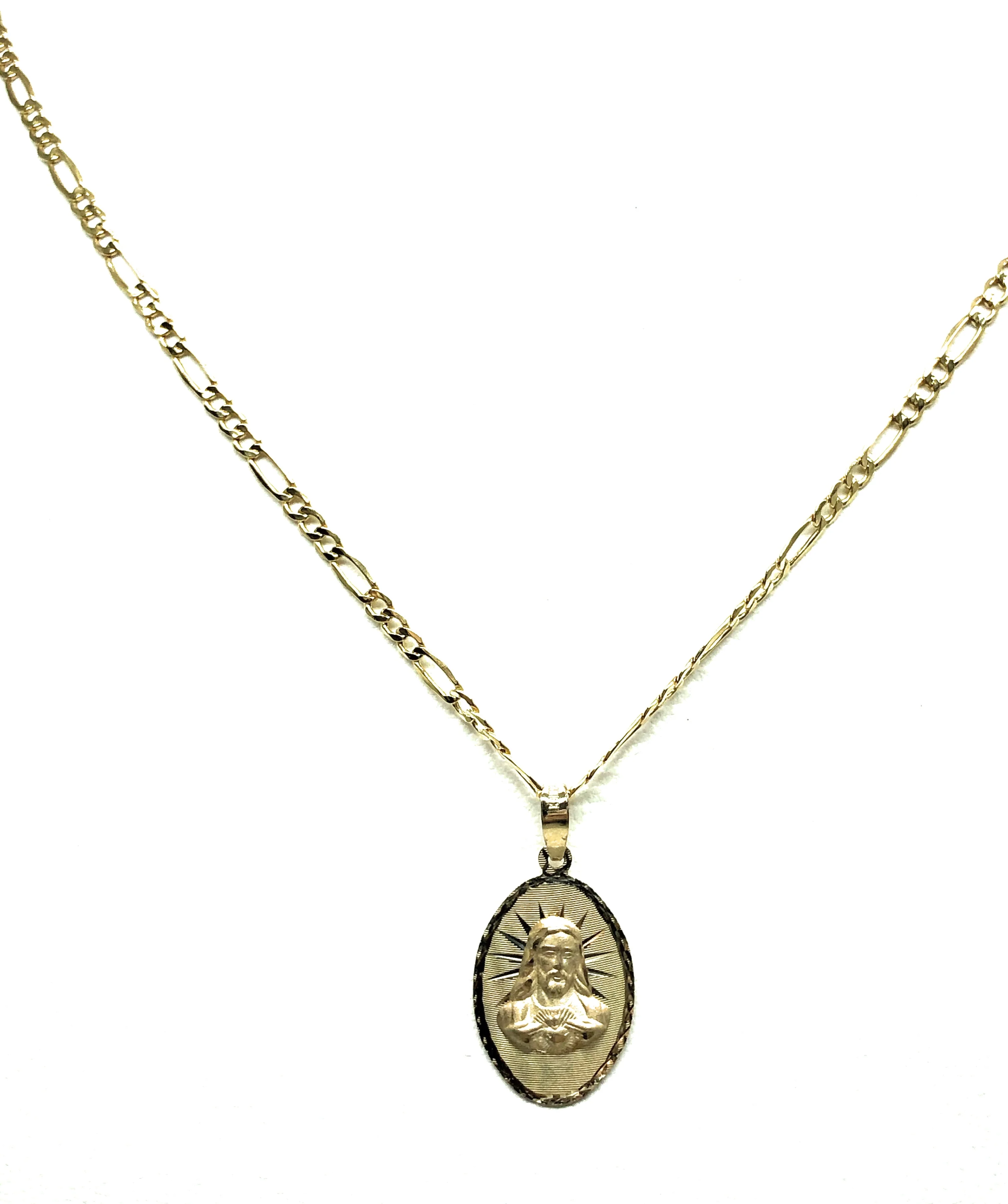 10k Solid Gold Yellow Gold Classic Jesus Sagrado Corazon Oval Pendant Necklace Figaro Chain - Image 6
