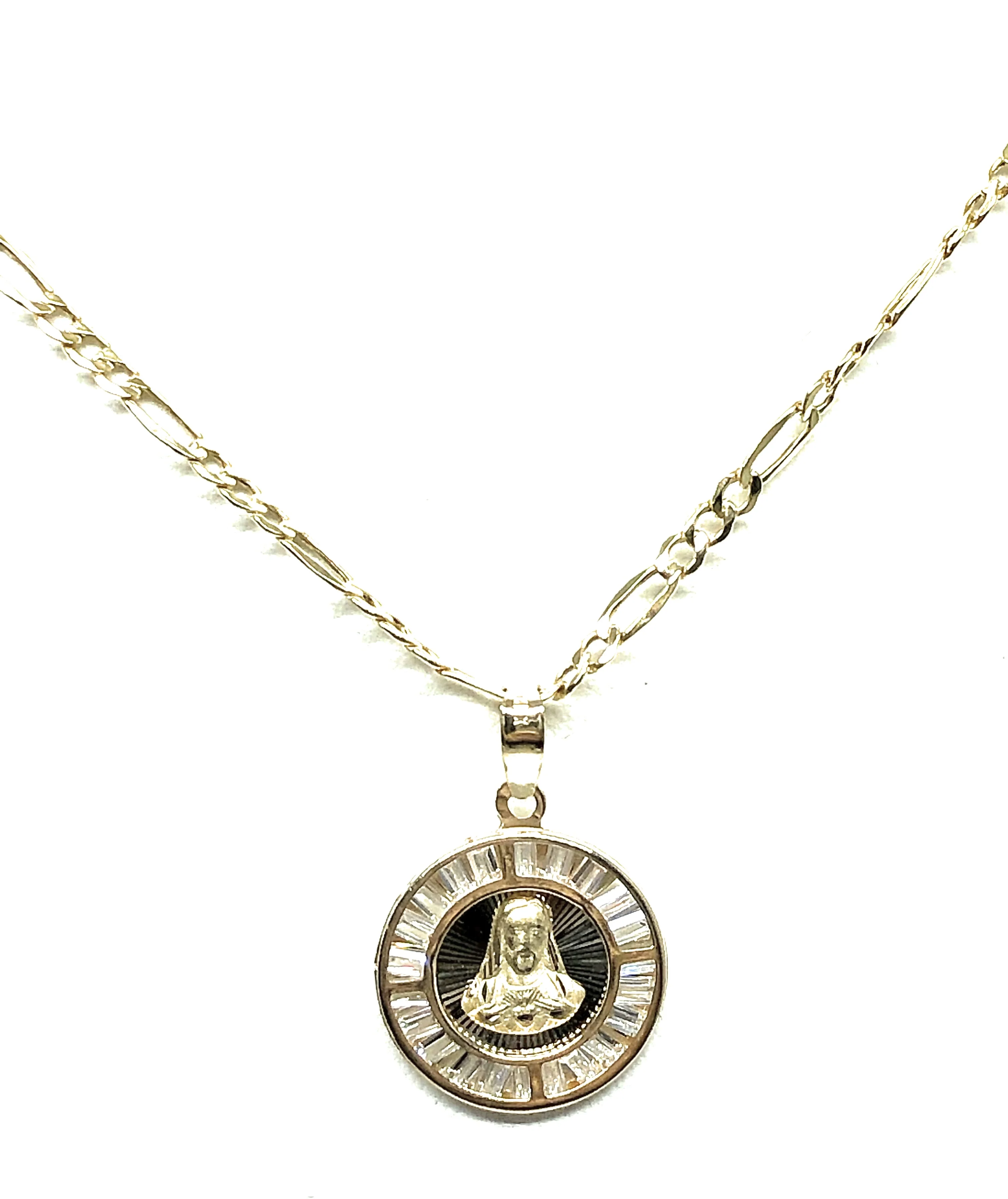 10k Solid Gold Yellow Gold Jesus Sagrado Corazon CZ Pendant Necklace Figaro Chain - Image 3
