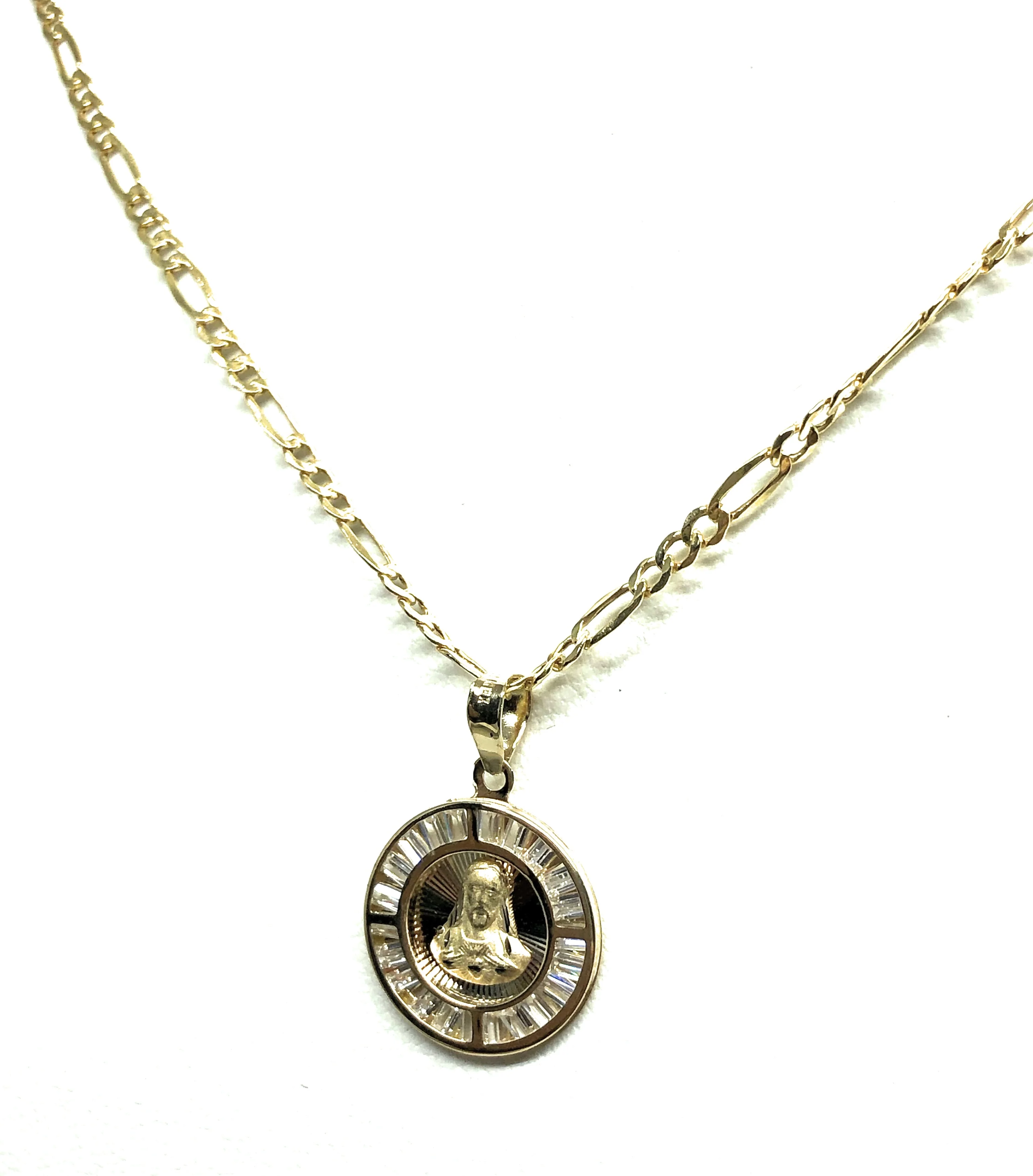 10k Solid Gold Yellow Gold Jesus Sagrado Corazon CZ Pendant Necklace Figaro Chain - Image 6
