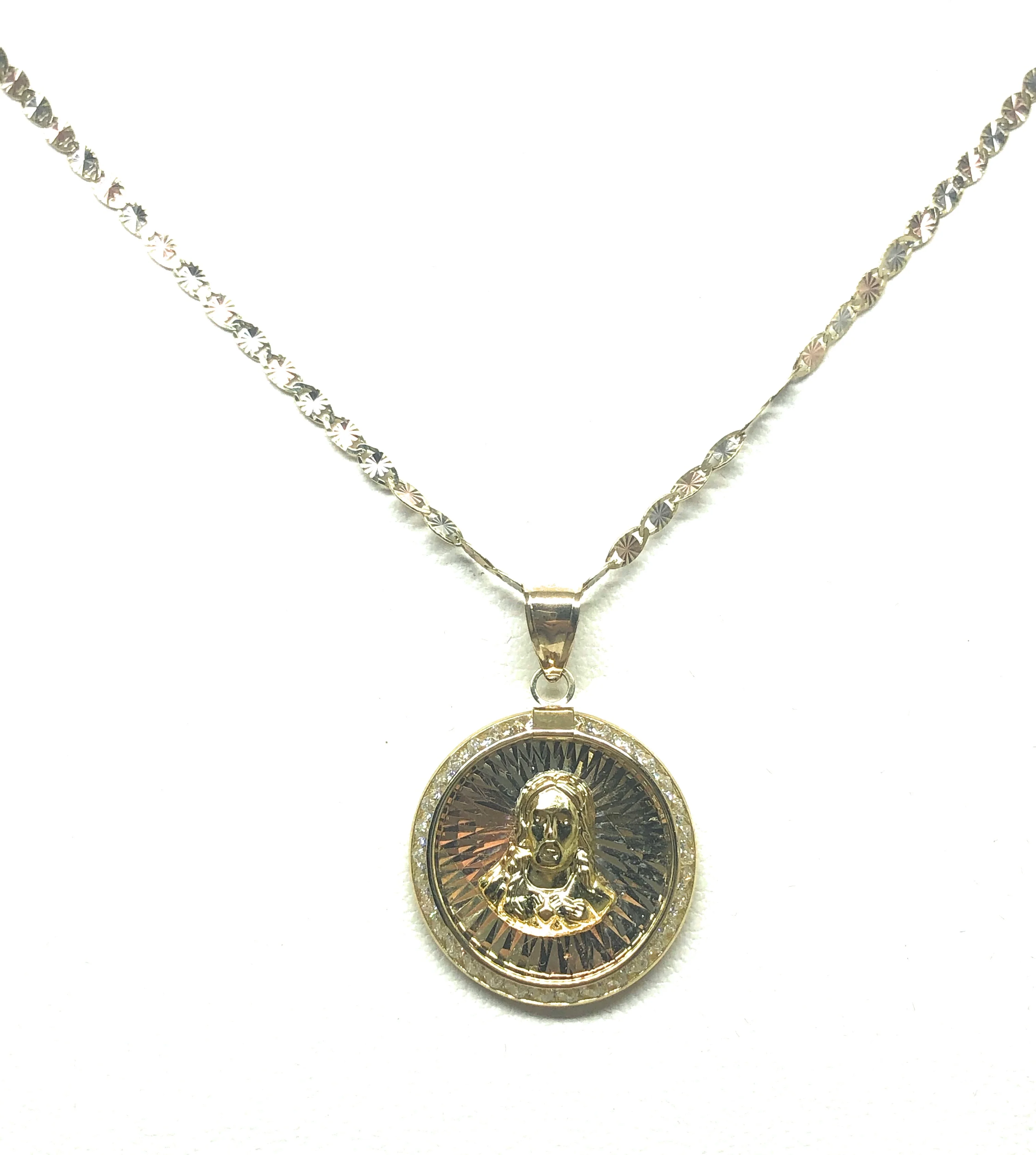 10k Solid Gold Yellow Gold Jesus Sagrado Corazon CZ Pendant Necklace Valentina Chain - Image 5