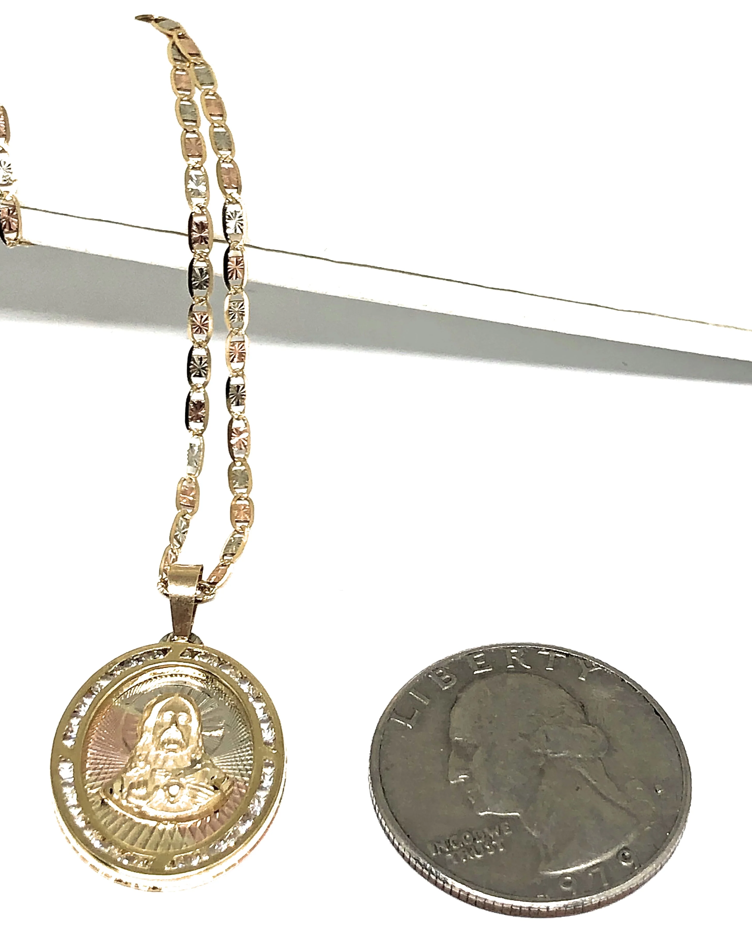 10k Solid Gold Yellow Gold Jesus Sagrado Corazon CZ Pendant Necklace Valentina Chain (MADE IN MX) - Image 3
