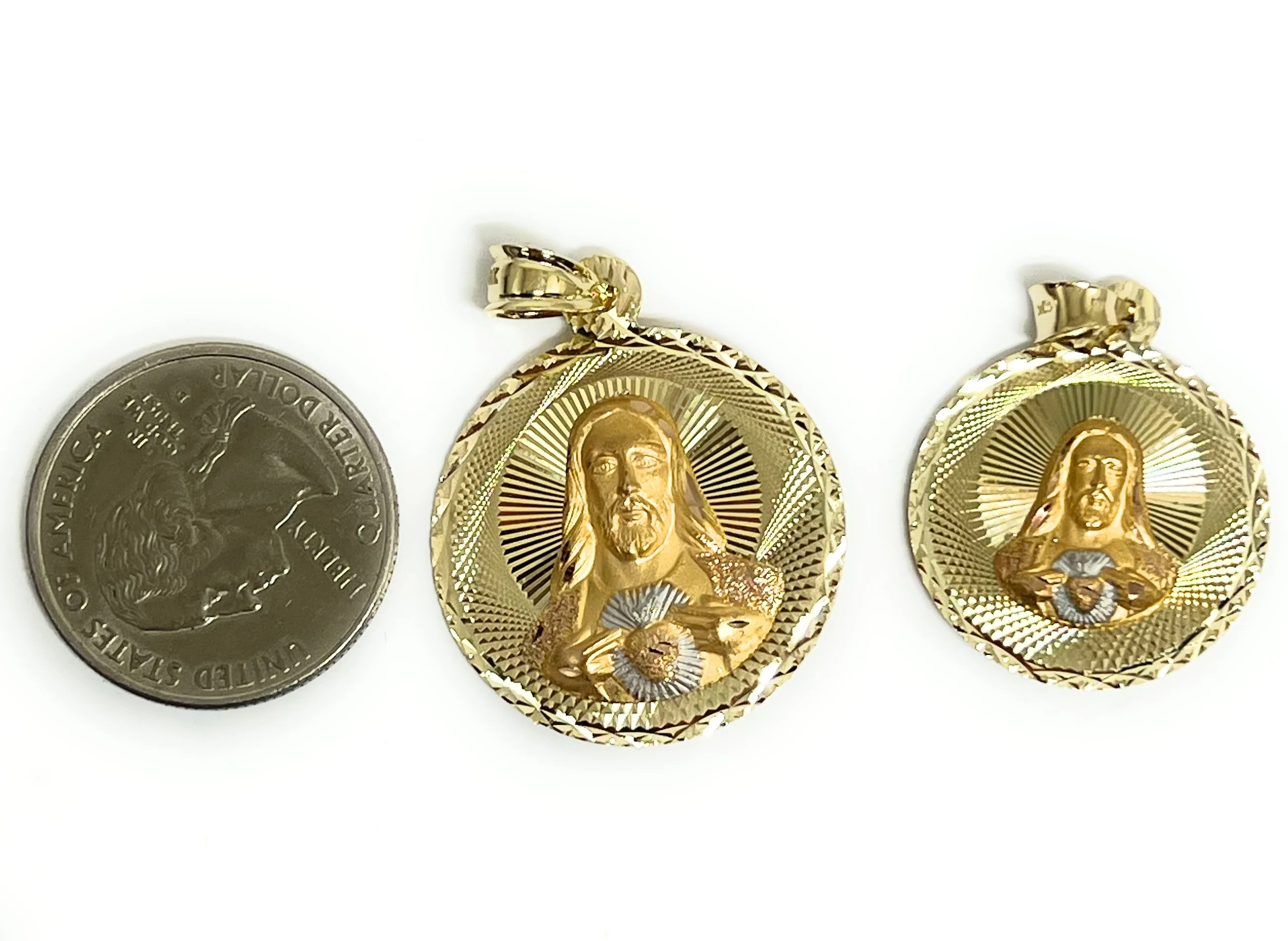 10k Solid Gold Tri-Color Jesus Sagrado Corazon & Virrgin Mary Double Sided Pendant Necklace (MADE IN MX) (MED, LG) - Image 2