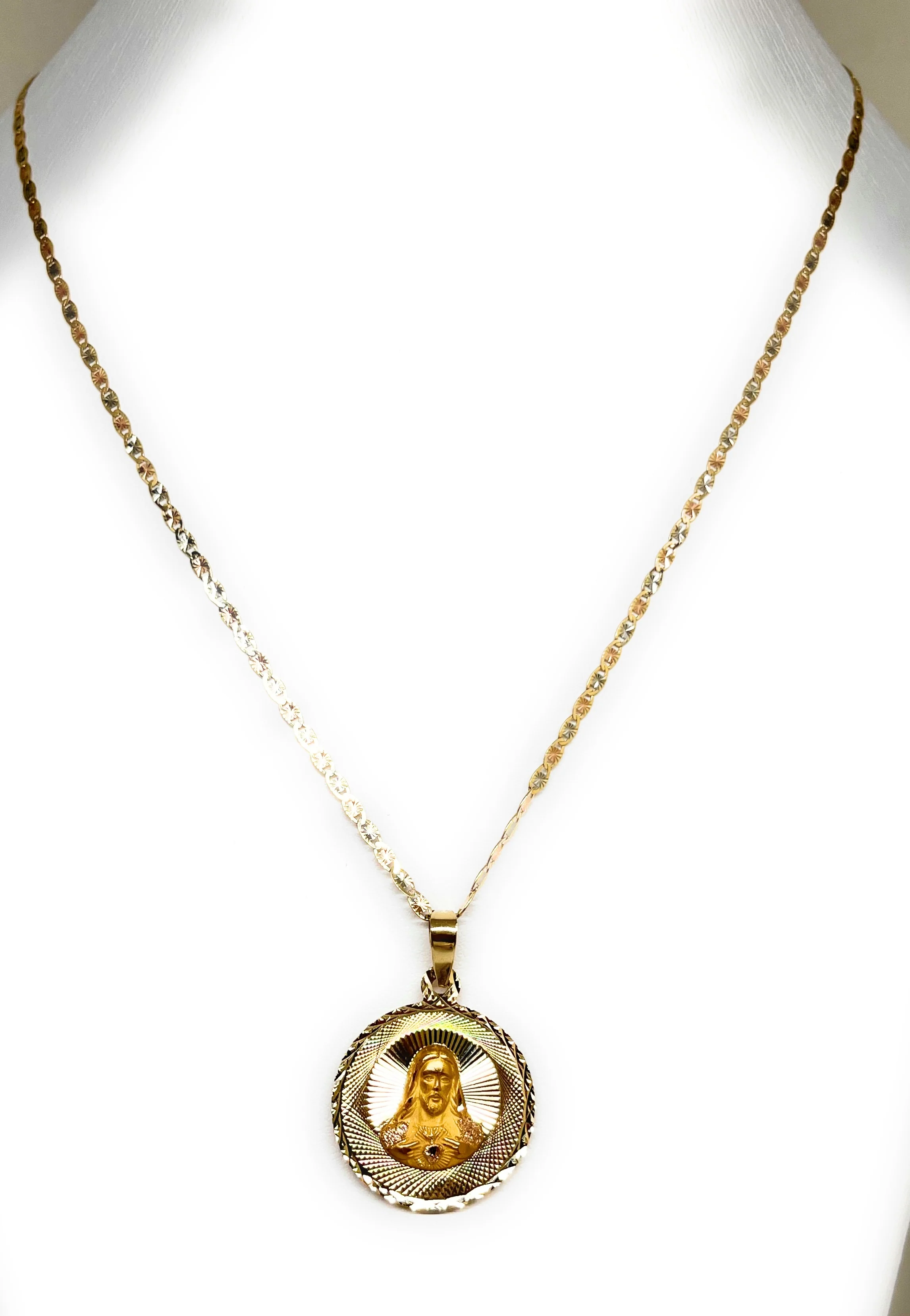 10k Solid Gold Tri-Color Jesus Sagrado Corazon & Virrgin Mary Double Sided Pendant Necklace (MADE IN MX) (MED, LG) - Image 9