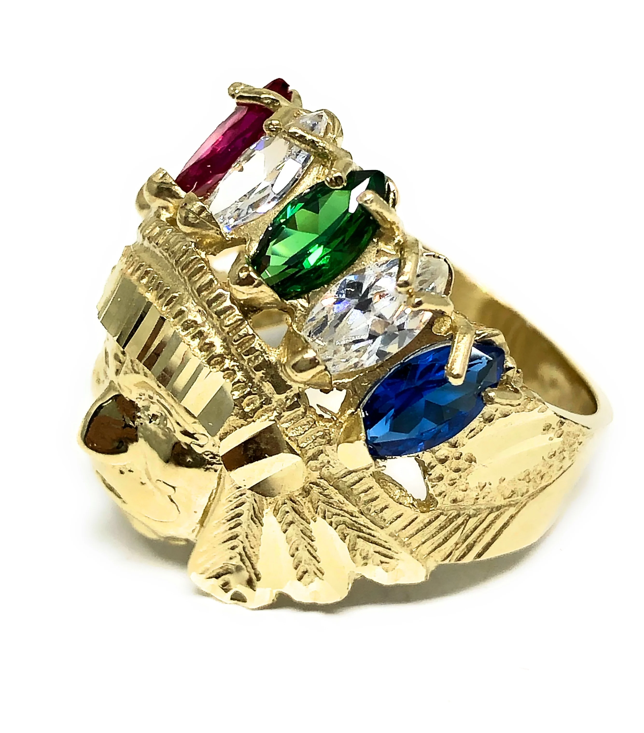 10k Solid Gold Yellow Indian Chief Indio Ring Gemstones (9.2g) - Image 2