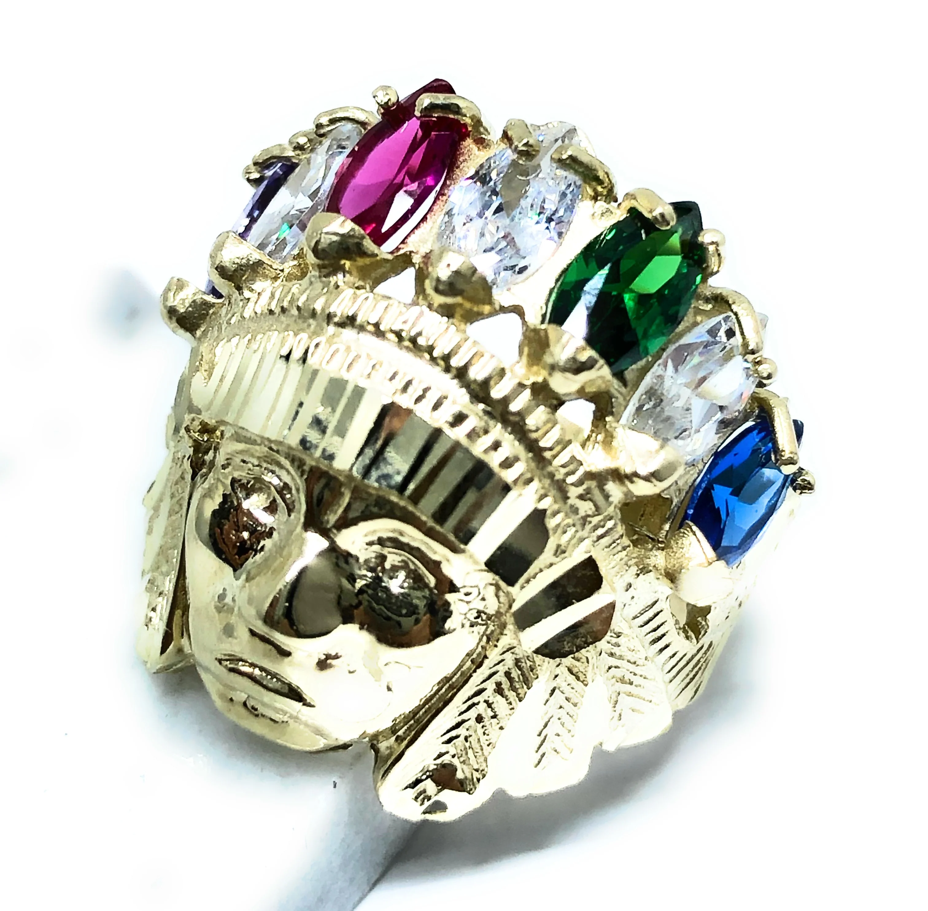 10k Solid Gold Yellow Indian Chief Indio Ring Gemstones (9.2g) - Image 4