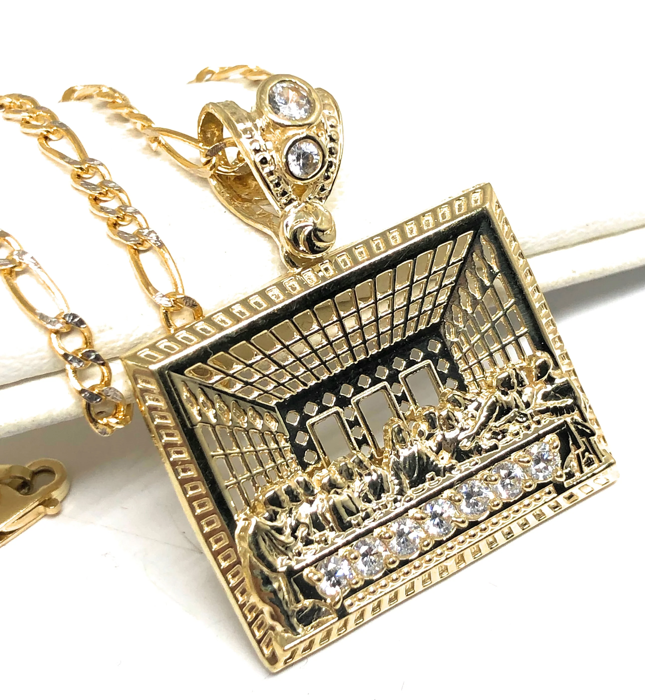 10k Solid Gold Yellow Jesus Last Supper CZ Pendant Necklace