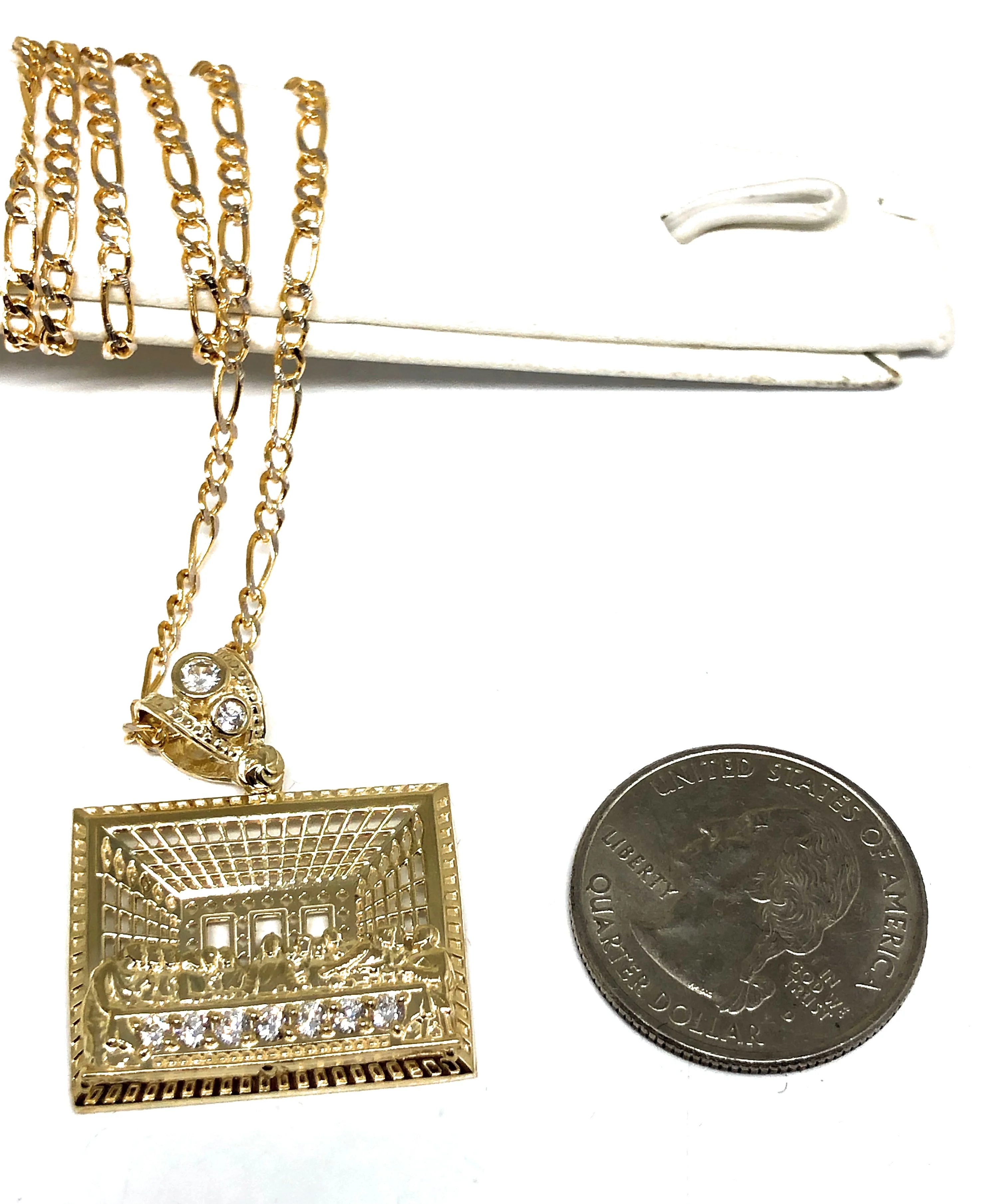 10k Solid Gold Yellow Jesus Last Supper CZ Pendant Necklace - Image 2
