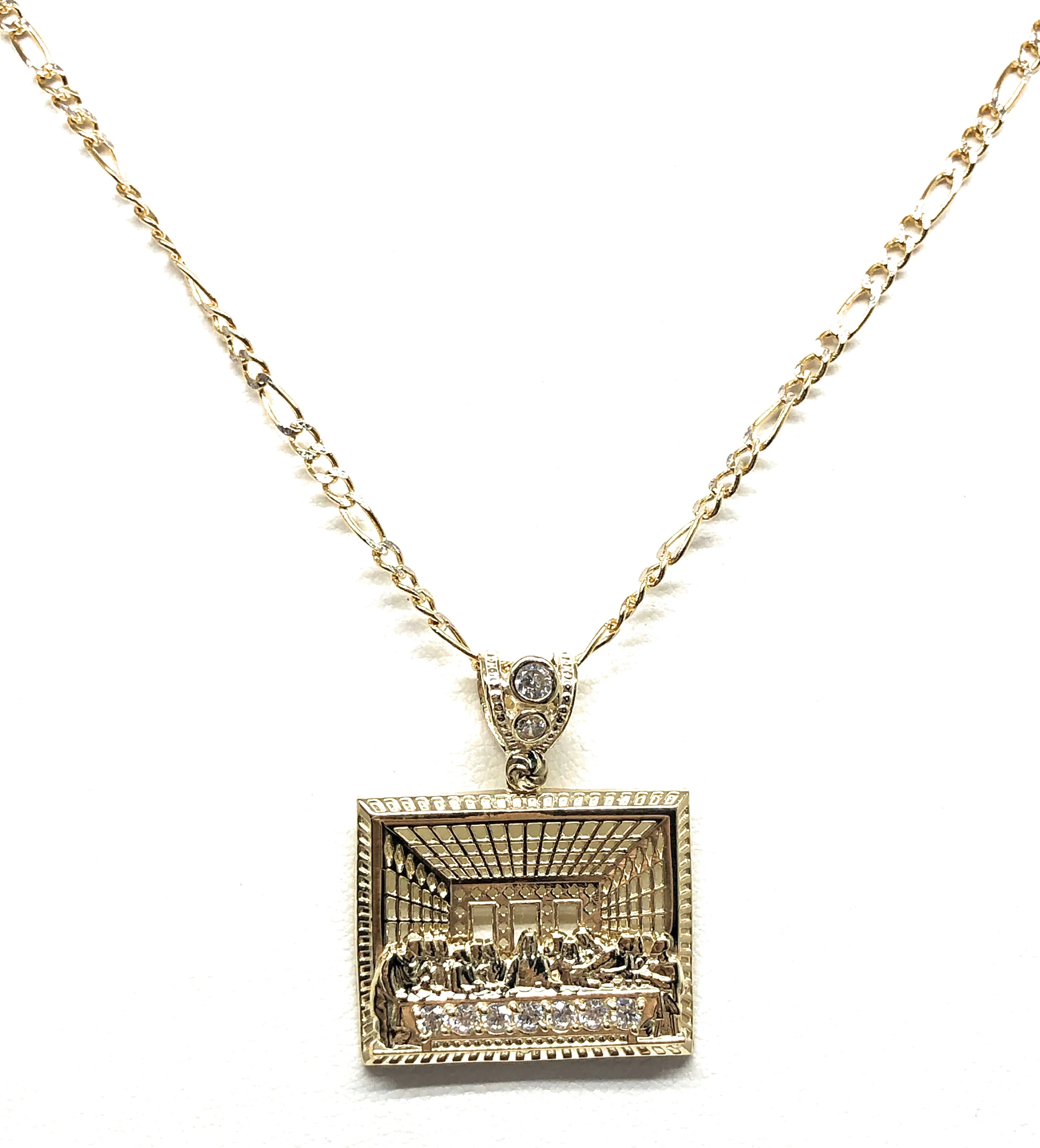 10k Solid Gold Yellow Jesus Last Supper CZ Pendant Necklace - Image 5
