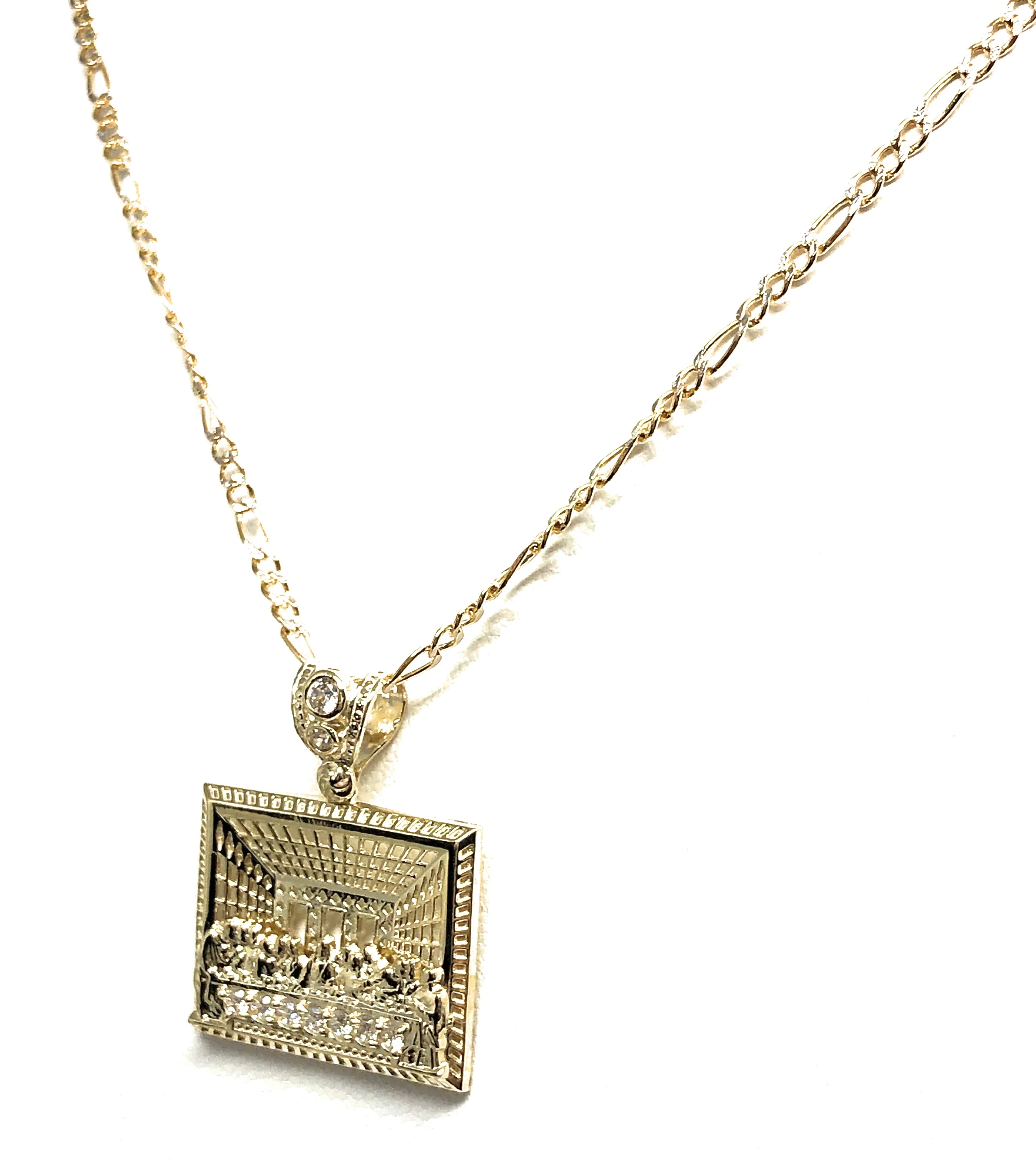 10k Solid Gold Yellow Jesus Last Supper CZ Pendant Necklace - Image 7
