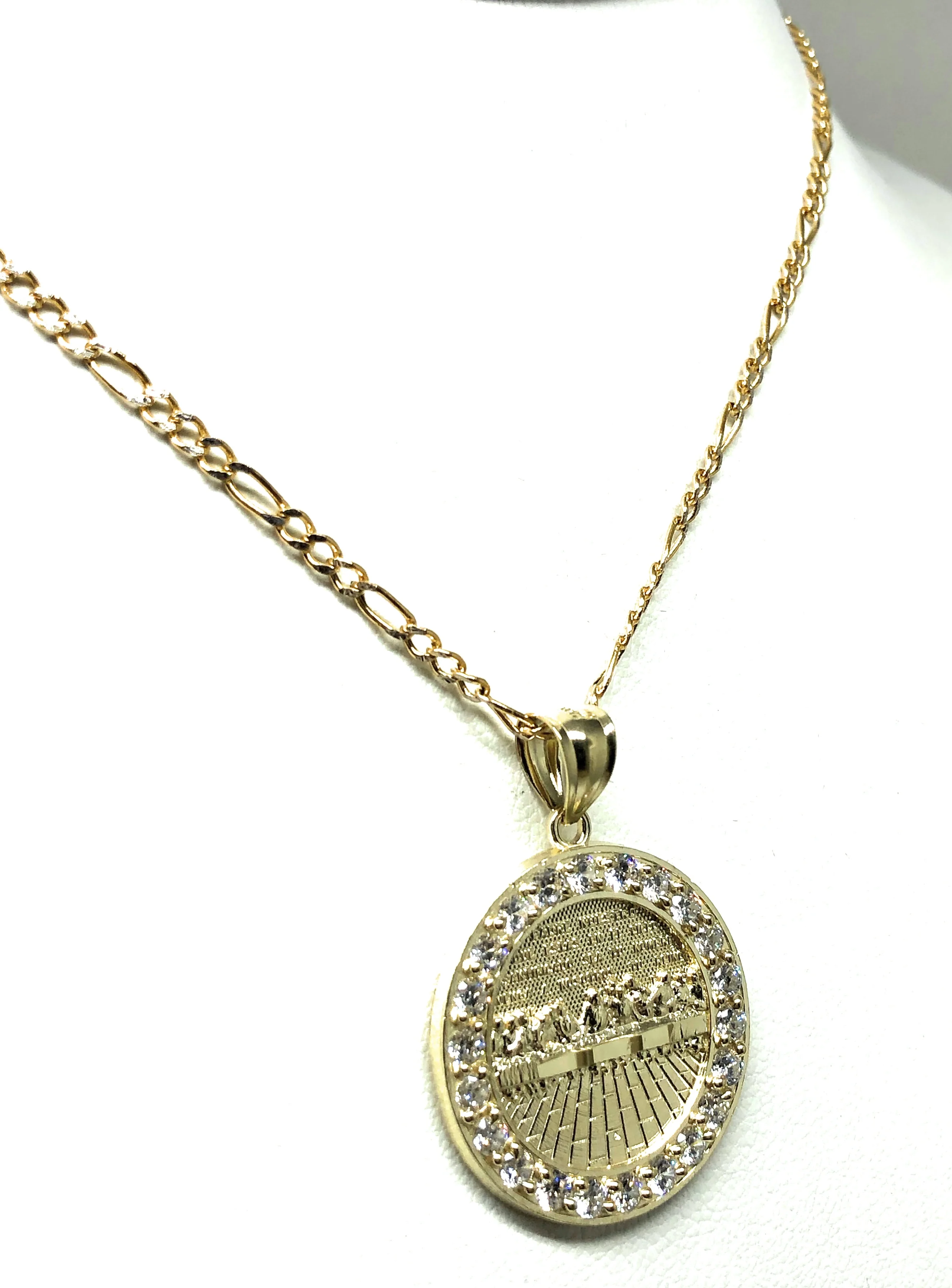 10k Solid Gold Yellow Jesus Last Supper CZ Pendant Necklace - Image 6
