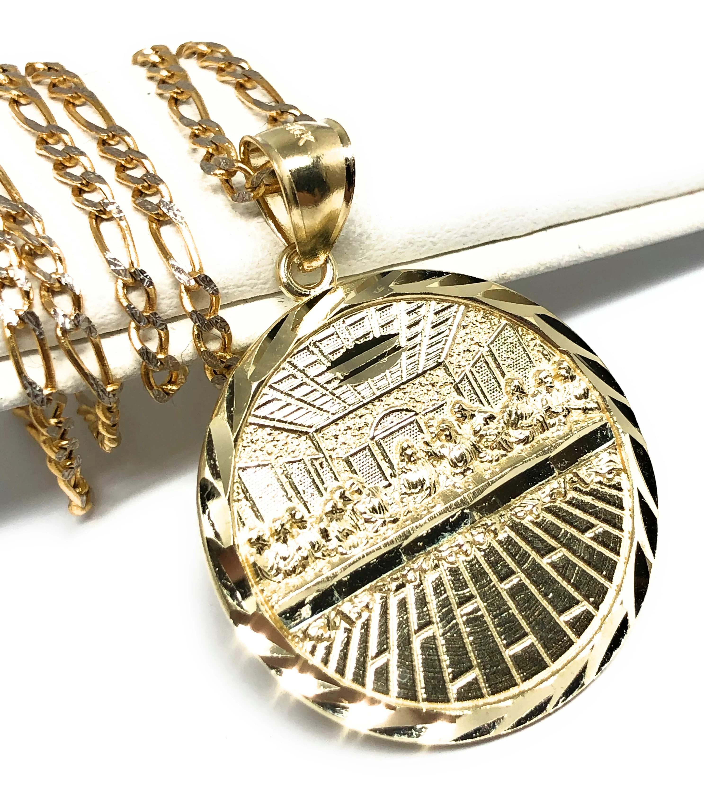 10k Solid Gold Yellow Jesus Last Supper Round Pendant Necklace - Image 2