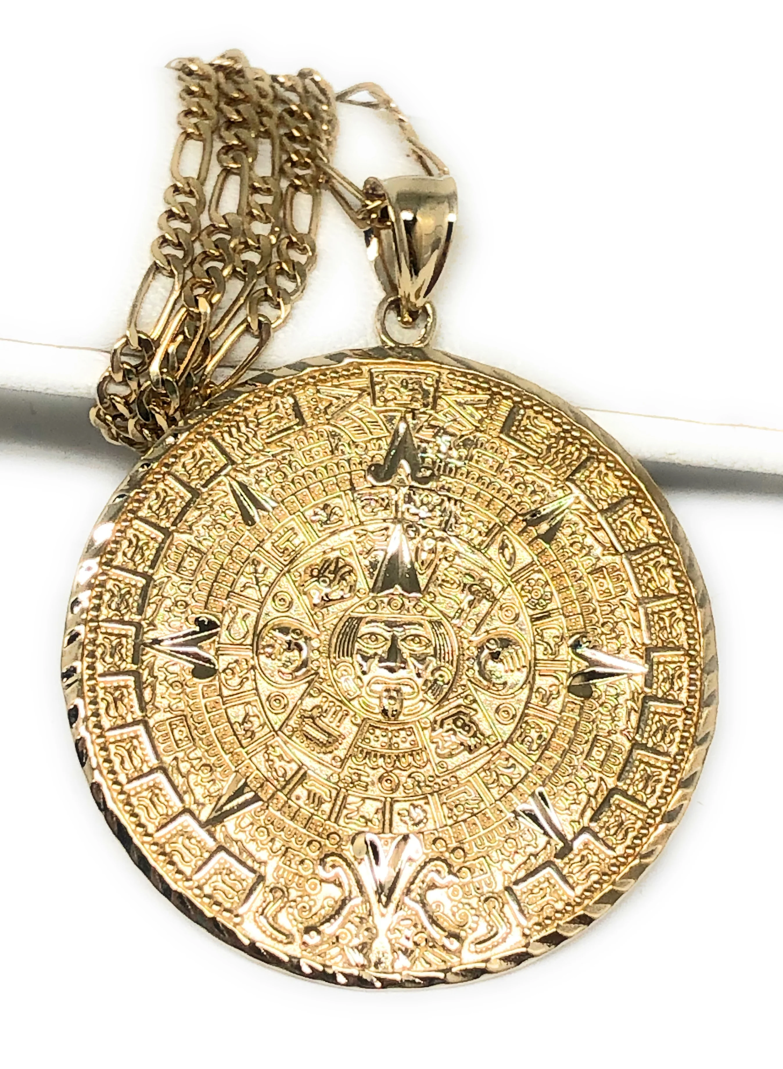 10k Solid Gold Yellow Mexican Aztec Calendar Pendant Necklace (11g) (FC) - Image 3