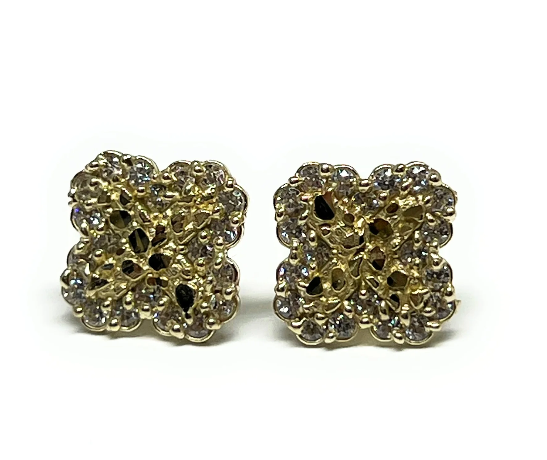 10k Solid Gold Yellow Nugget FLOWER CLOVER CZ Stud Earrings 12mm - Image 3