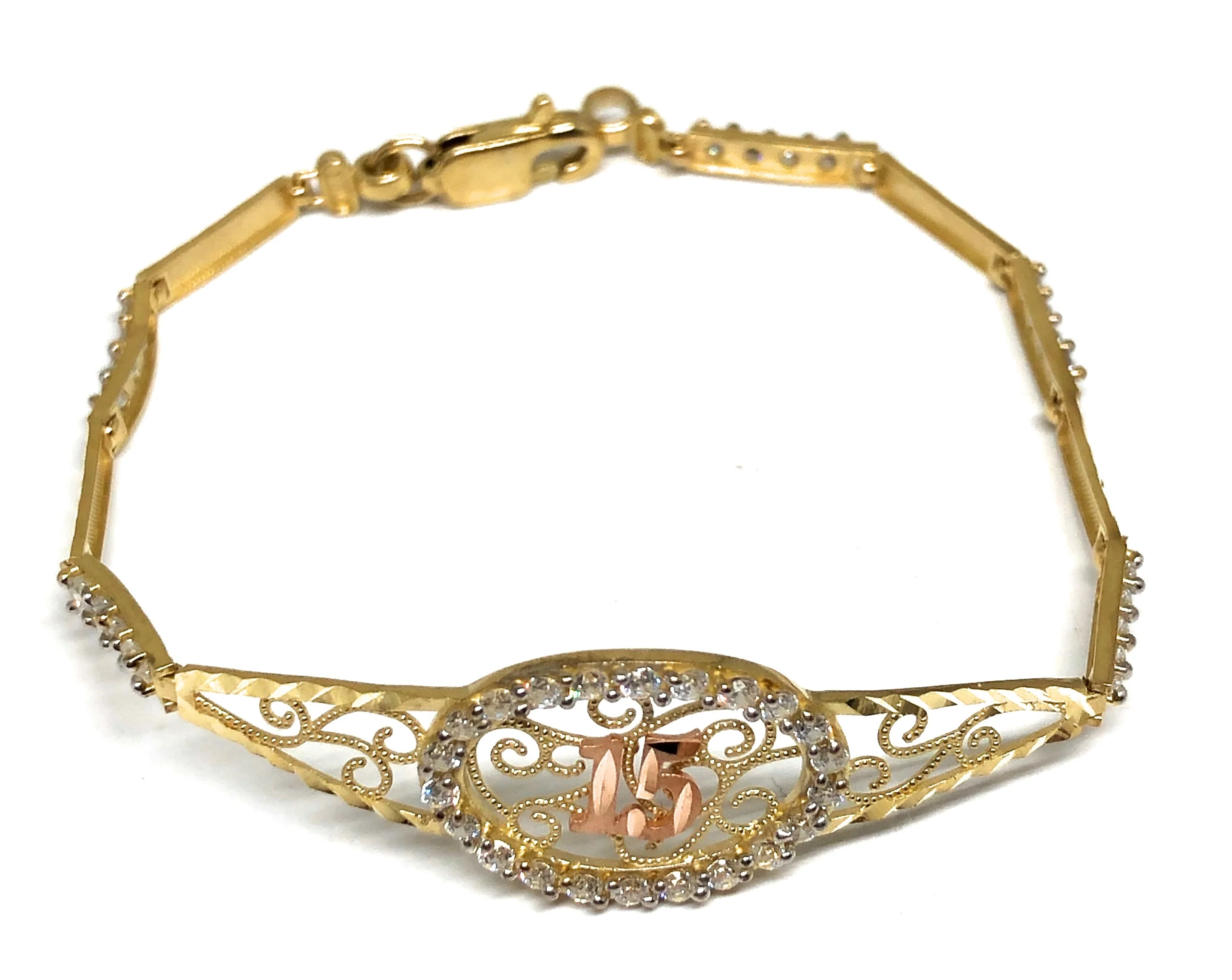 10k Solid Gold Yellow & Rose 15 Años Brracelet Cubic Zirconia 7.5"