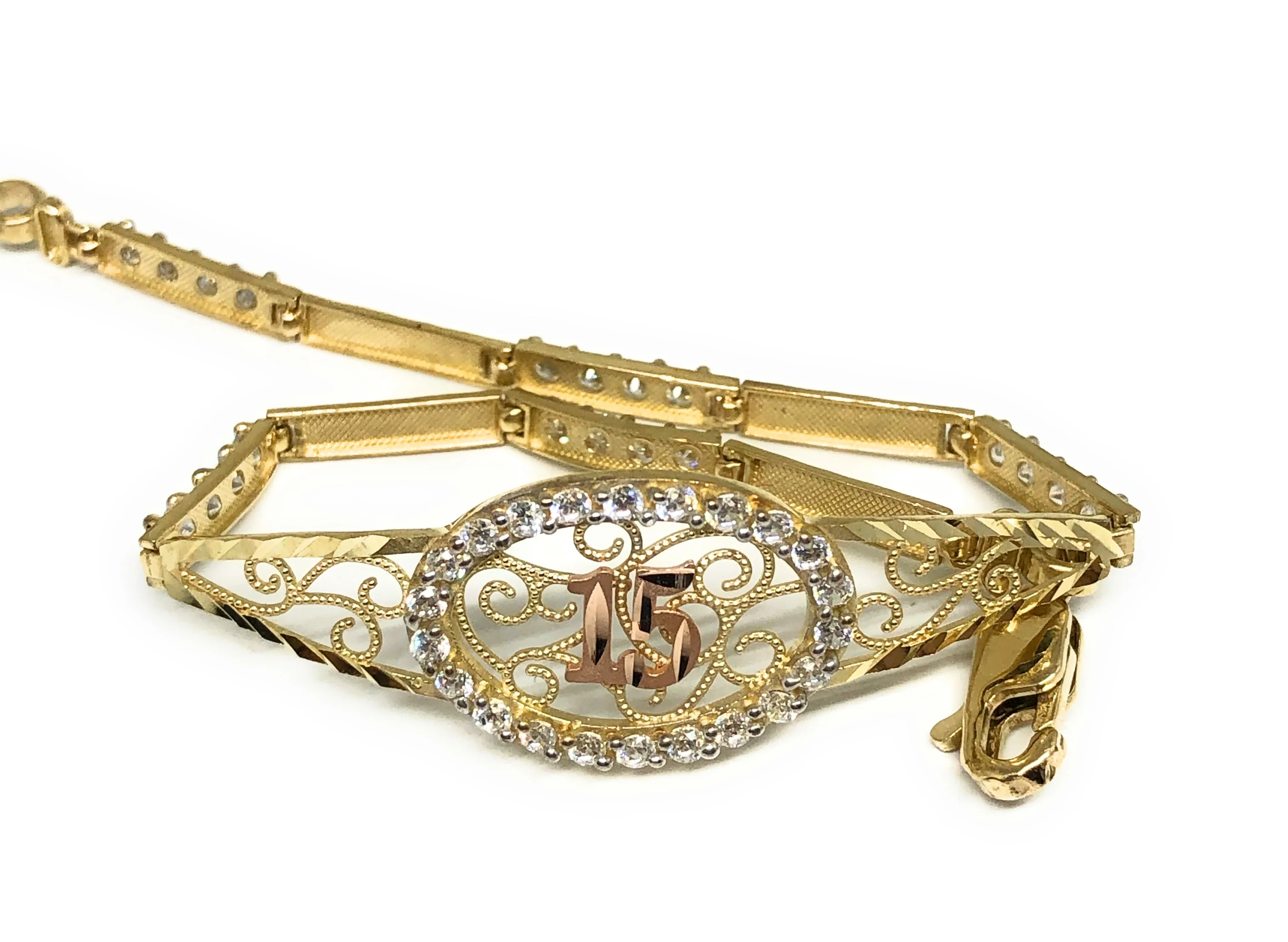 10k Solid Gold Yellow & Rose 15 Años Brracelet Cubic Zirconia 7.5" - Image 2