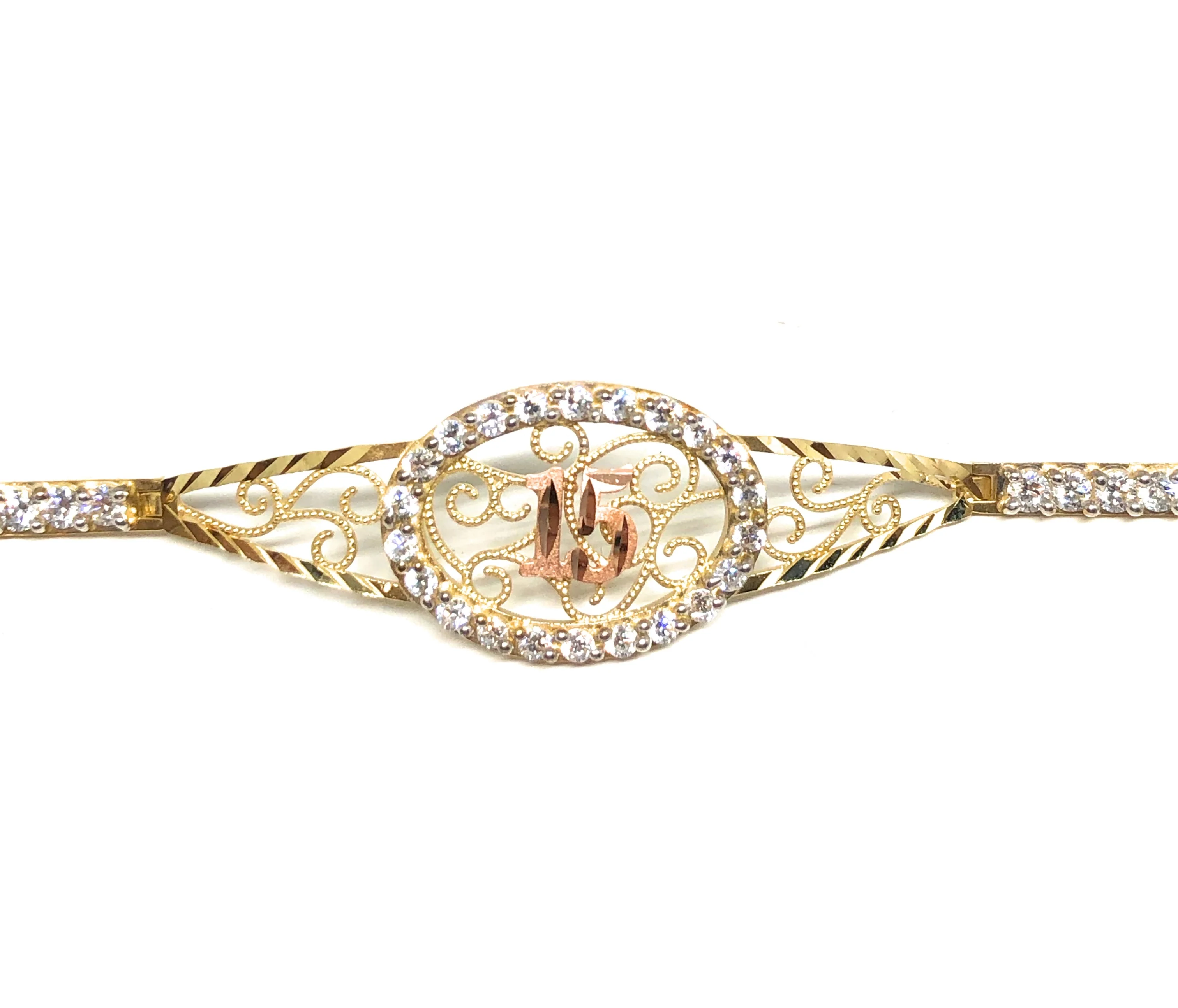 10k Solid Gold Yellow & Rose 15 Años Brracelet Cubic Zirconia 7.5" - Image 3