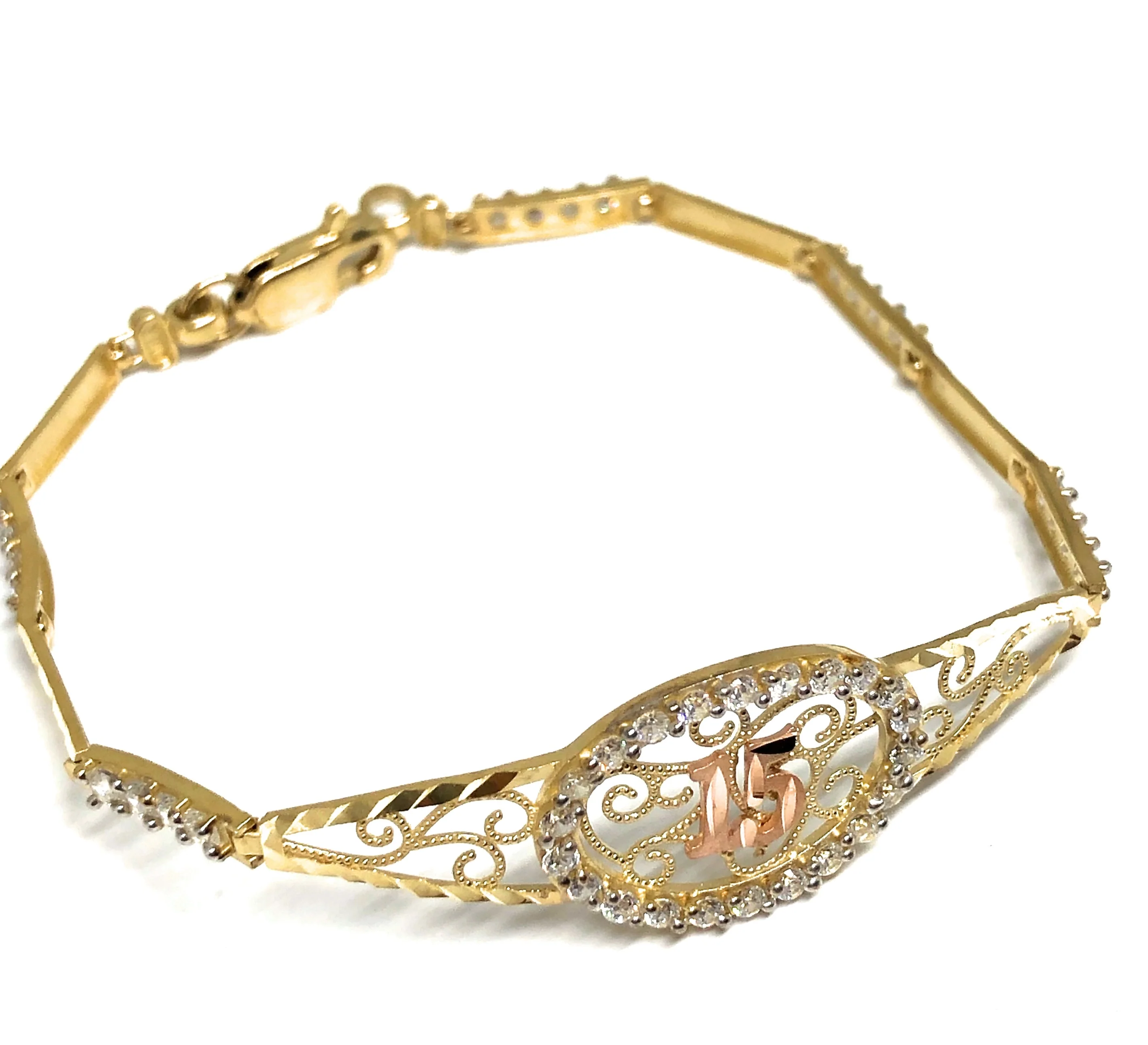 10k Solid Gold Yellow & Rose 15 Años Brracelet Cubic Zirconia 7.5" - Image 4