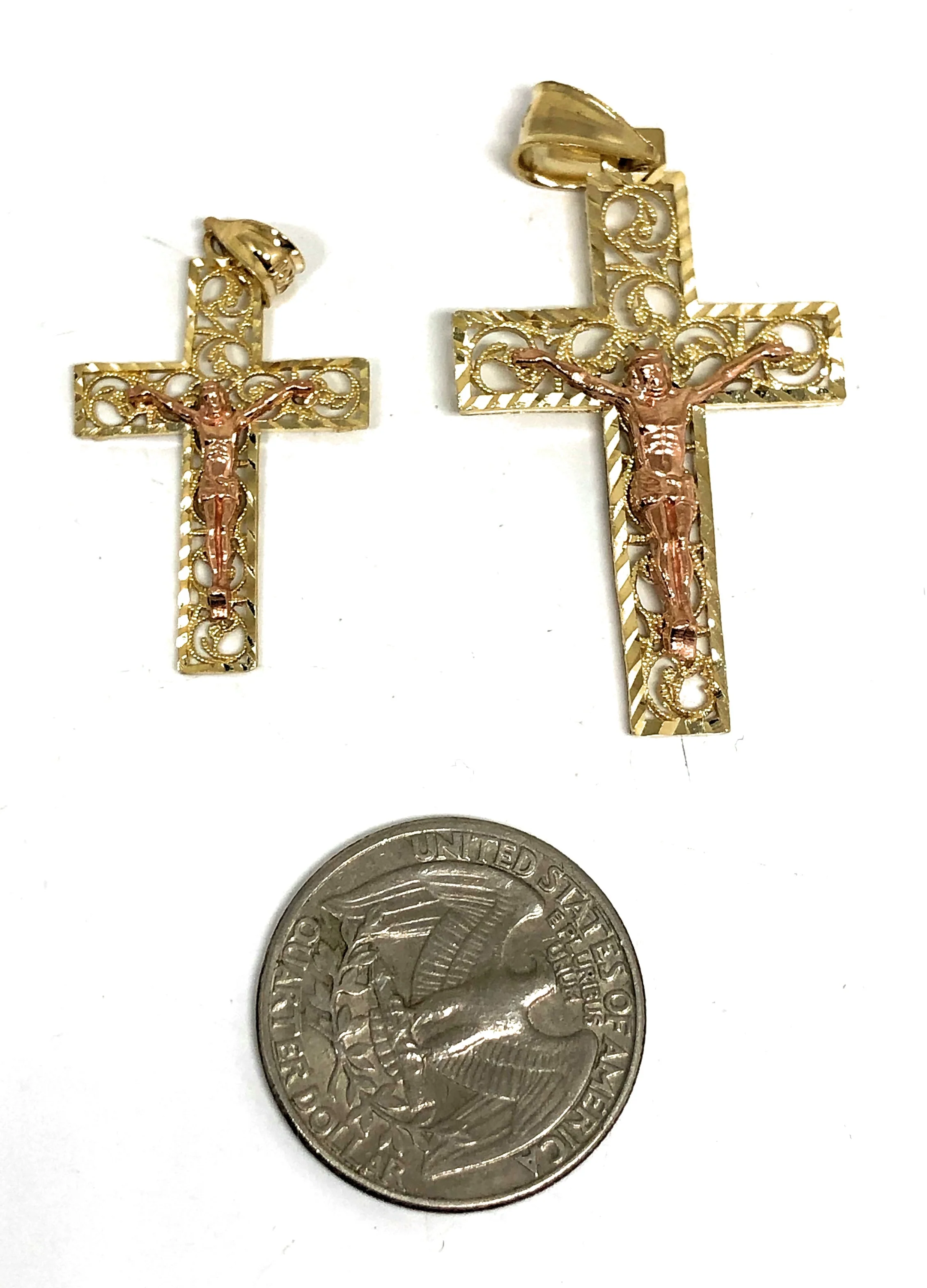 10k Solid Gold Yellow & Rose 2-Tone Filigran Jesus Cross Crucifix Pendant Necklace (SM, MED) - Image 2