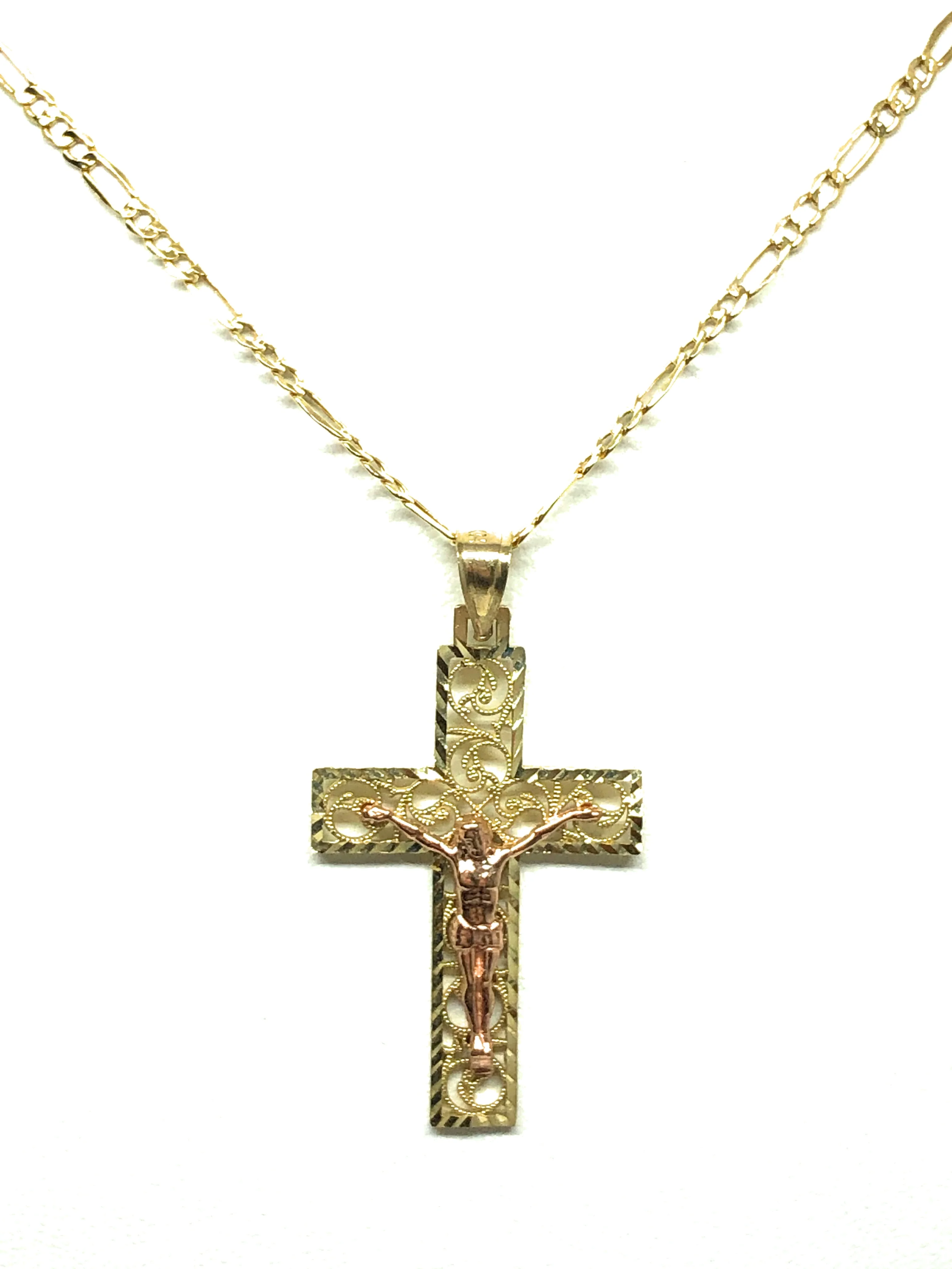 10k Solid Gold Yellow & Rose 2-Tone Filigran Jesus Cross Crucifix Pendant Necklace (SM, MED) - Image 5