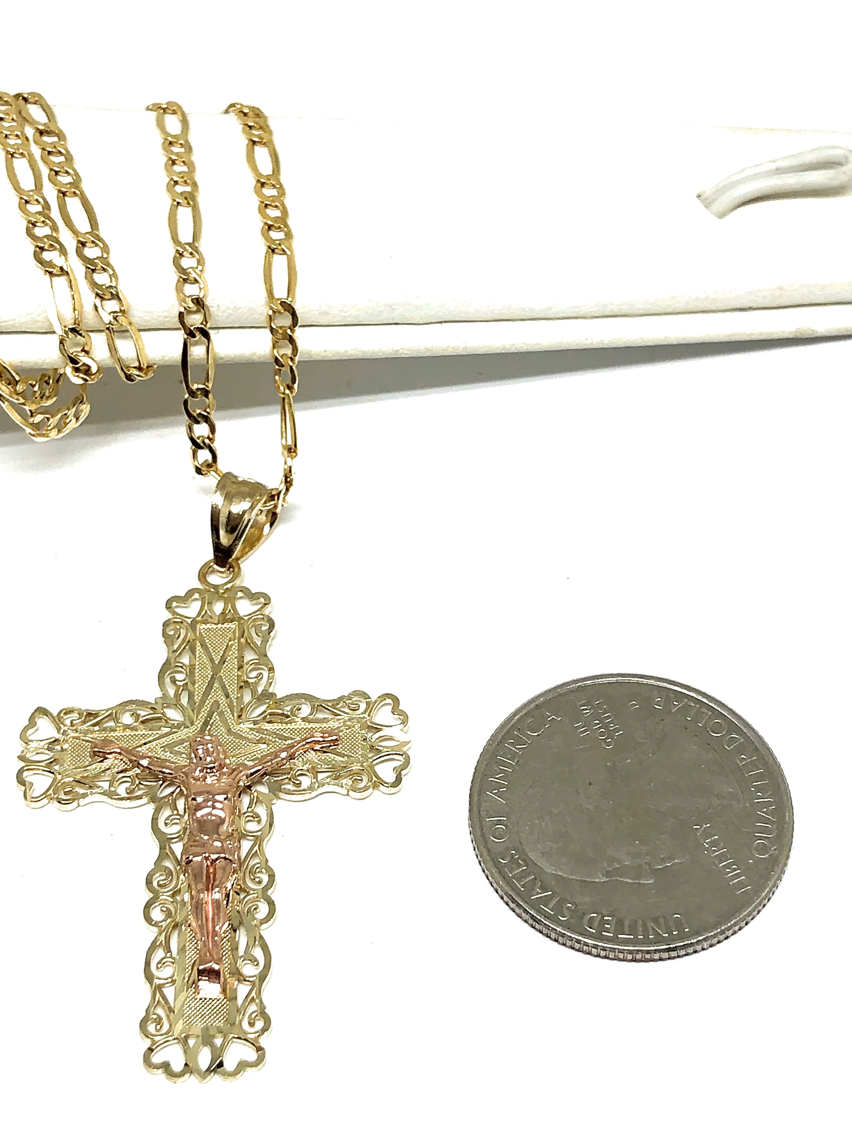 10k Solid Gold Yellow & Rose 2-Tone Jesus Cross Crucifix Pendant Necklace - Image 2