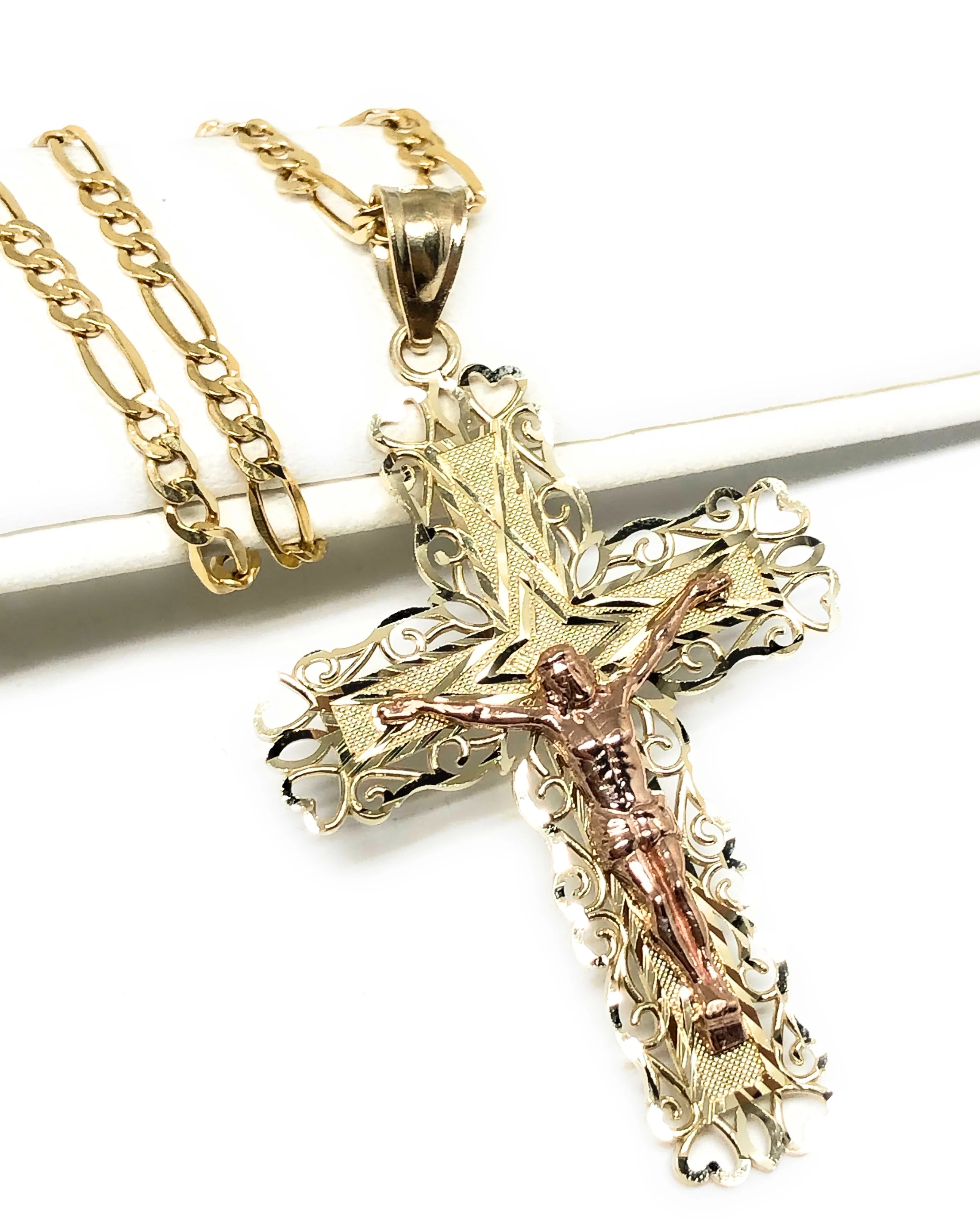 10k Solid Gold Yellow & Rose 2-Tone Jesus Cross Crucifix Pendant Necklace - Image 3