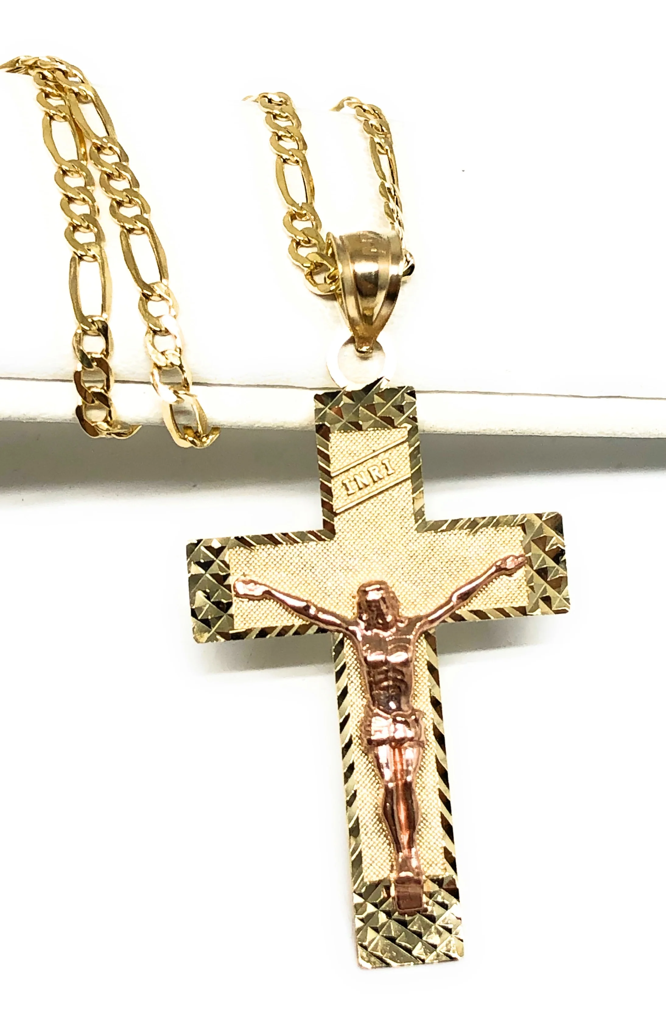 10k Solid Gold Yellow & Rose 2-Tone Jesus Cross Crucifix Pendant Necklace