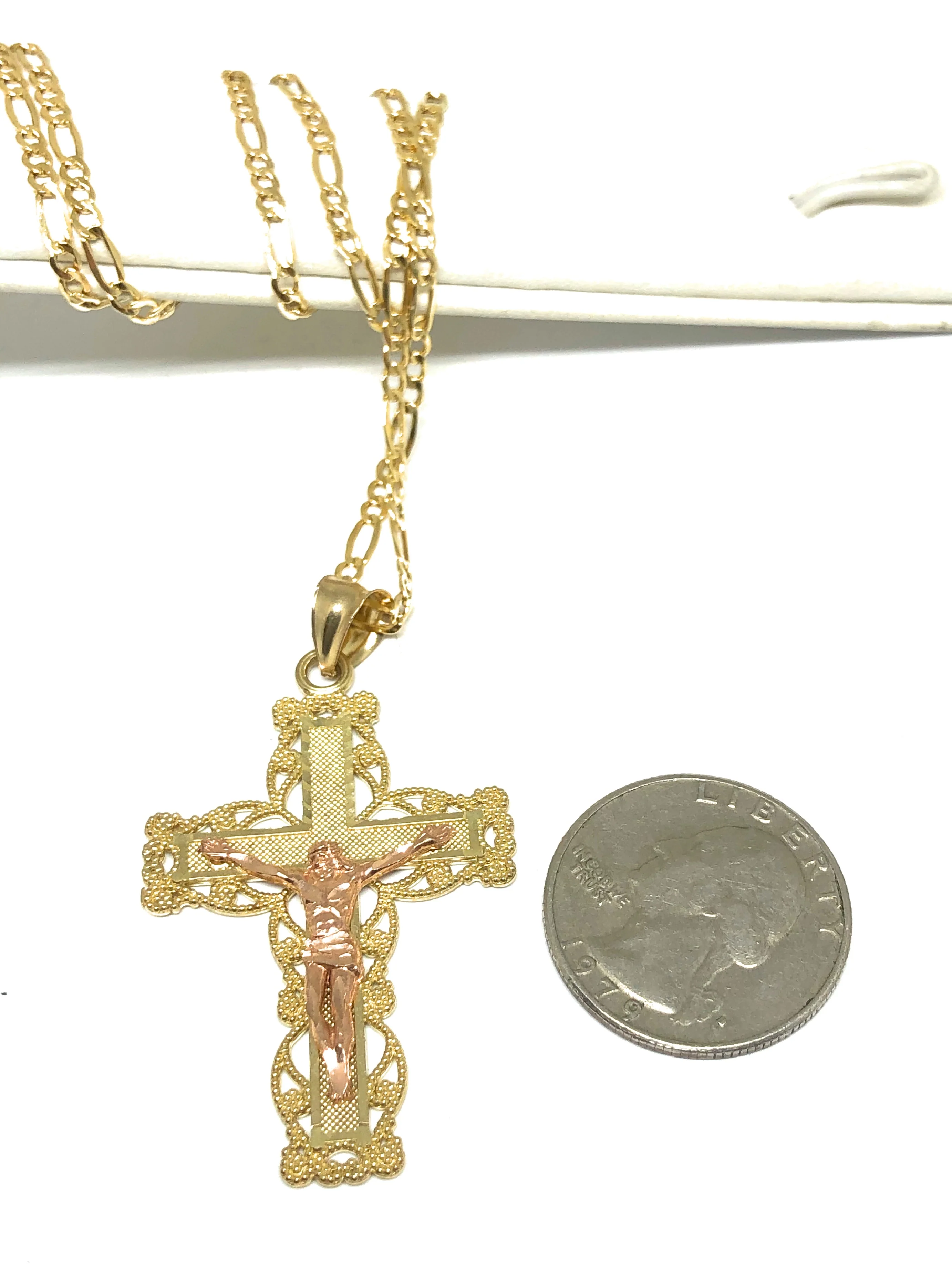 10k Solid Gold Yellow & Rose 2-Tone Jesus Cross Crucifix Pendant Necklace - Image 2