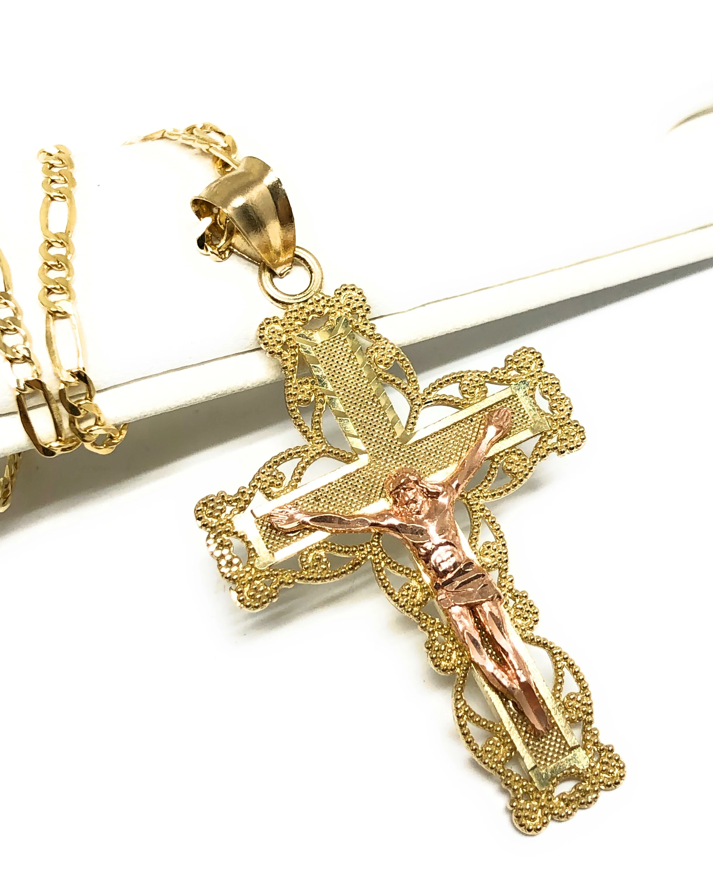 10k Solid Gold Yellow & Rose 2-Tone Jesus Cross Crucifix Pendant Necklace - Image 3
