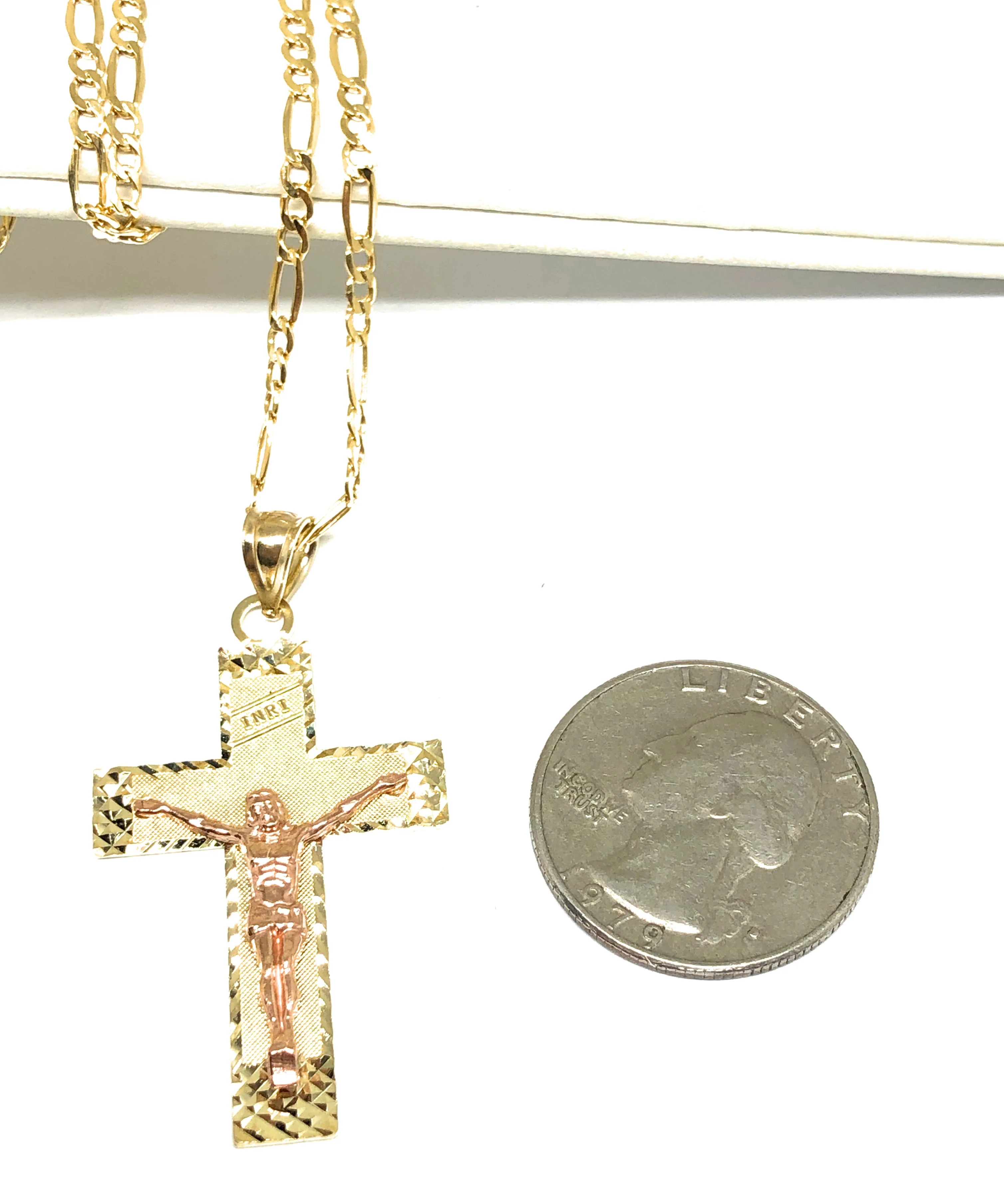 10k Solid Gold Yellow & Rose 2-Tone Jesus Cross Crucifix Pendant Necklace - Image 2