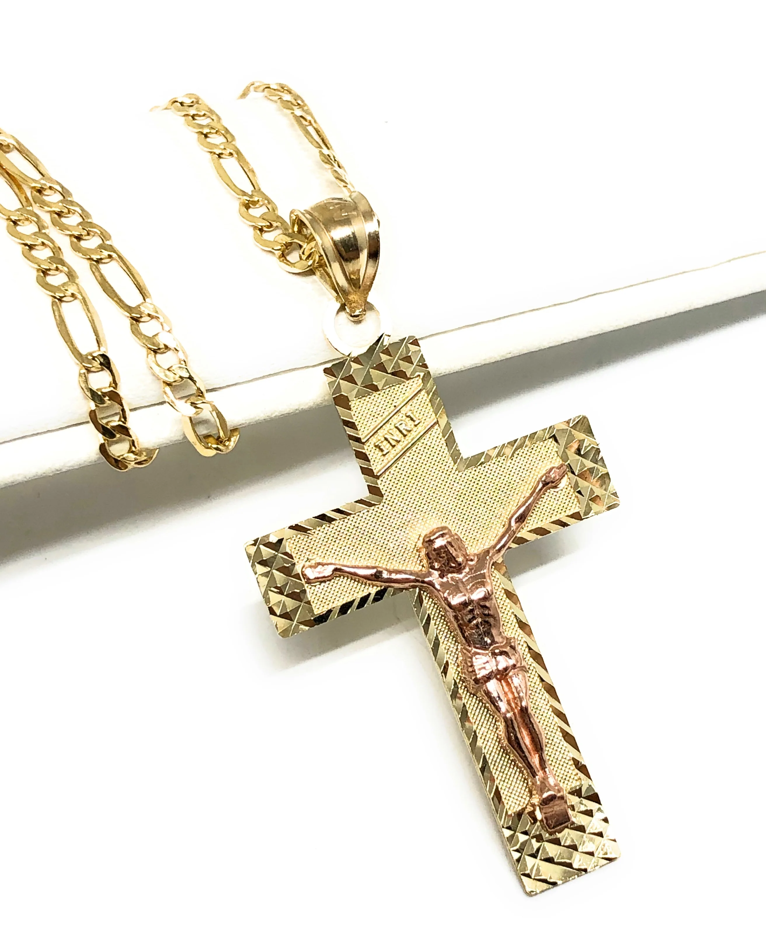 10k Solid Gold Yellow & Rose 2-Tone Jesus Cross Crucifix Pendant Necklace - Image 3