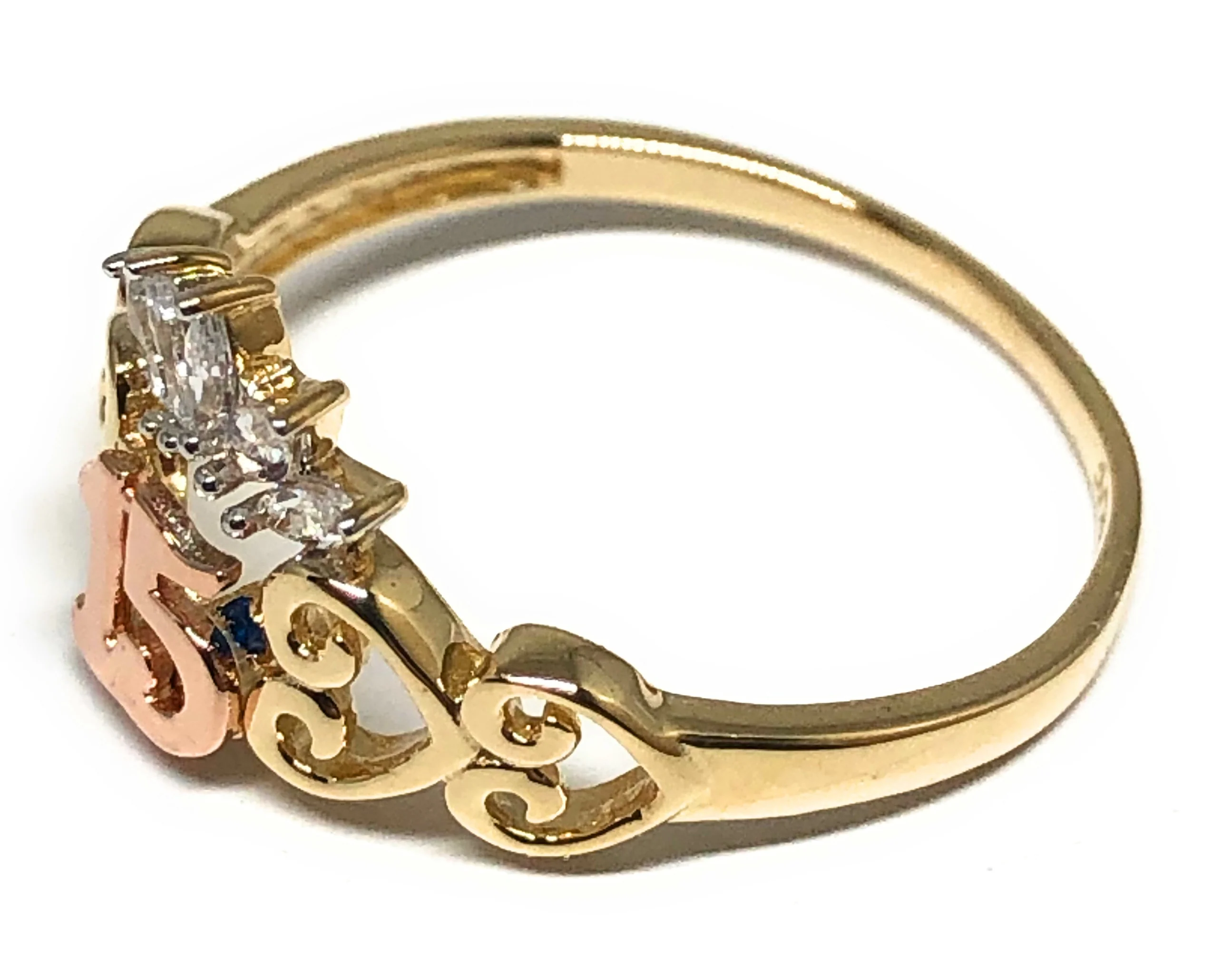 10k Solid Gold Yellow & Rose Gold Crown CZ Mis 15 Años Ring (FC 80) - Image 2