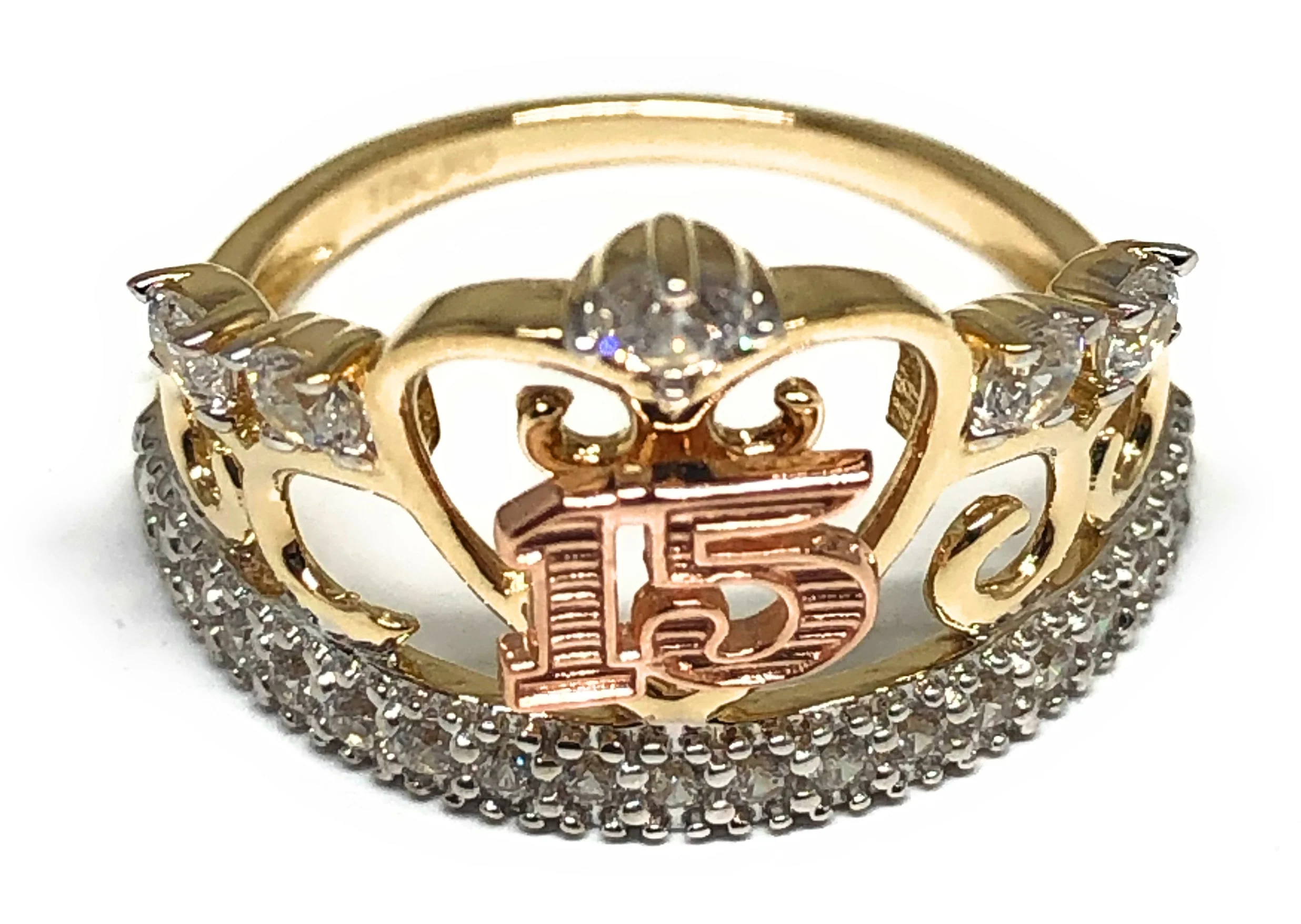 10k Solid Gold Yellow & Rose Gold Crown CZ Mis 15 Años Ring (FC 81)