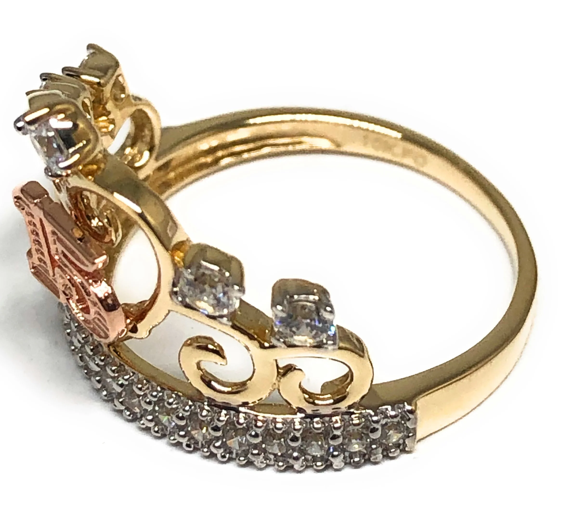 10k Solid Gold Yellow & Rose Gold Crown CZ Mis 15 Años Ring (FC 81) - Image 2