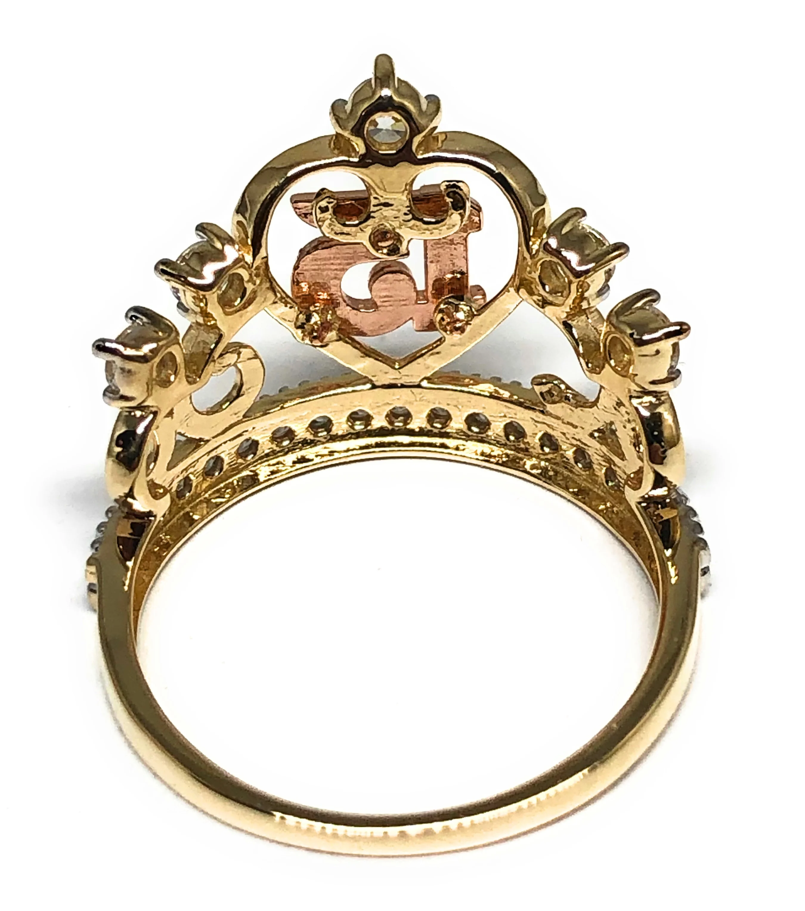 10k Solid Gold Yellow & Rose Gold Crown CZ Mis 15 Años Ring (FC 81) - Image 3