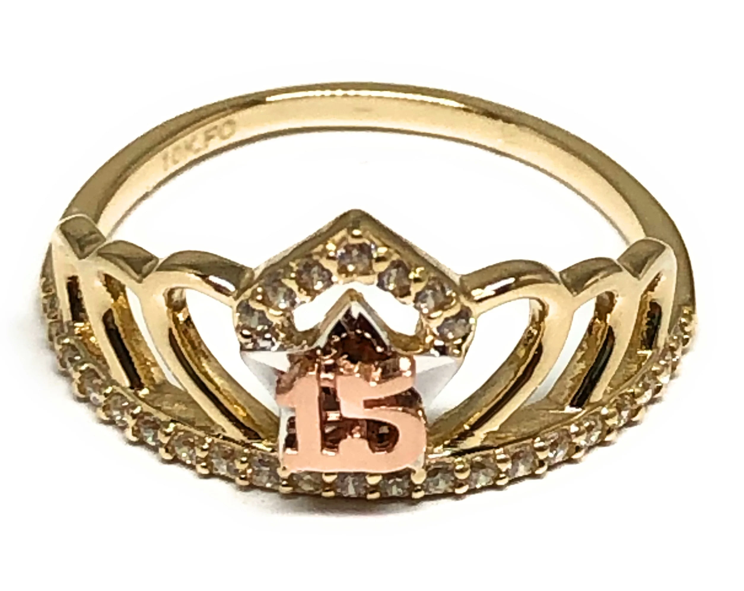 10k Solid Gold Yellow & Rose Gold Crown CZ Mis 15 Años Ring (FC 83)