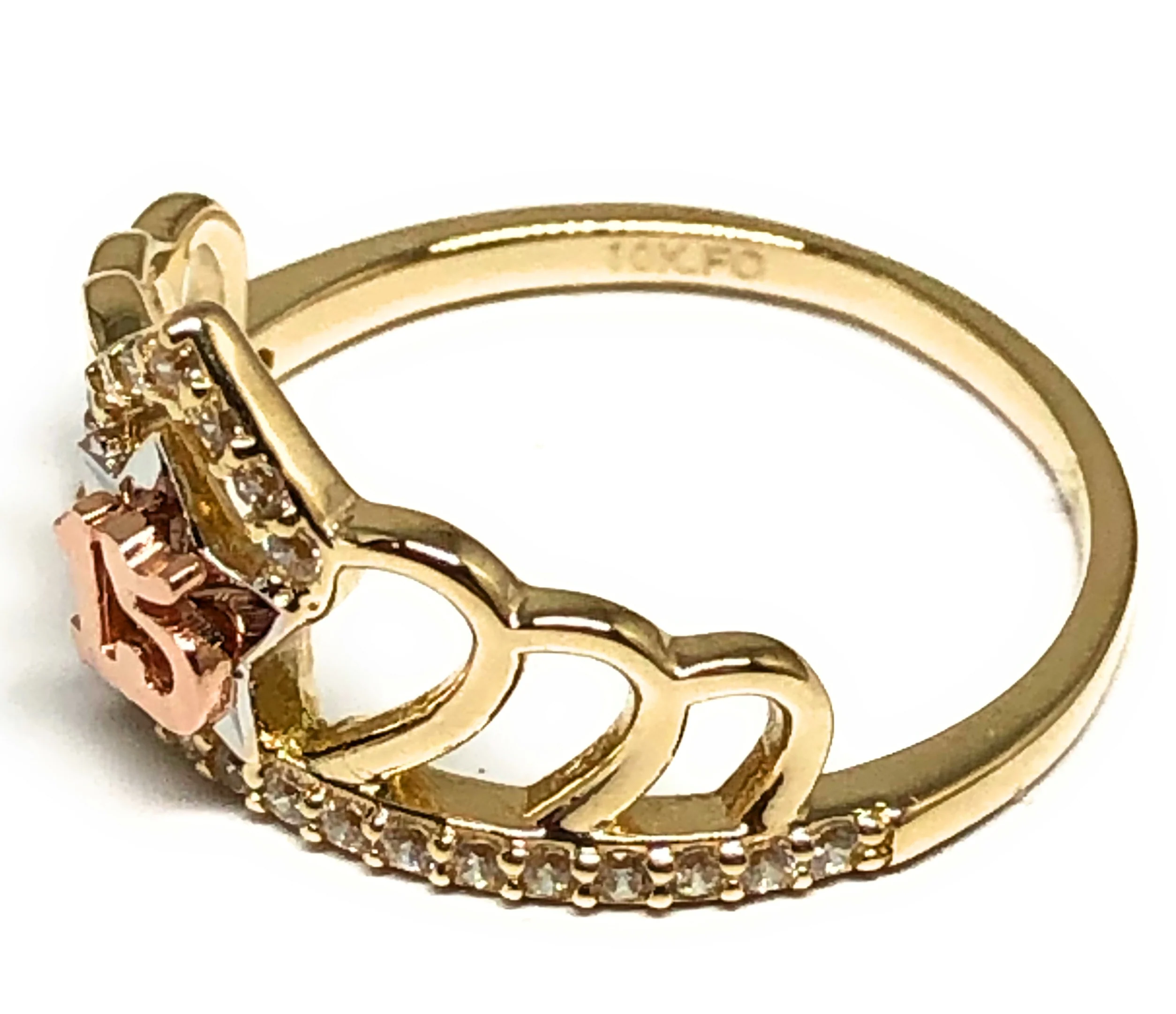 10k Solid Gold Yellow & Rose Gold Crown CZ Mis 15 Años Ring (FC 83) - Image 2