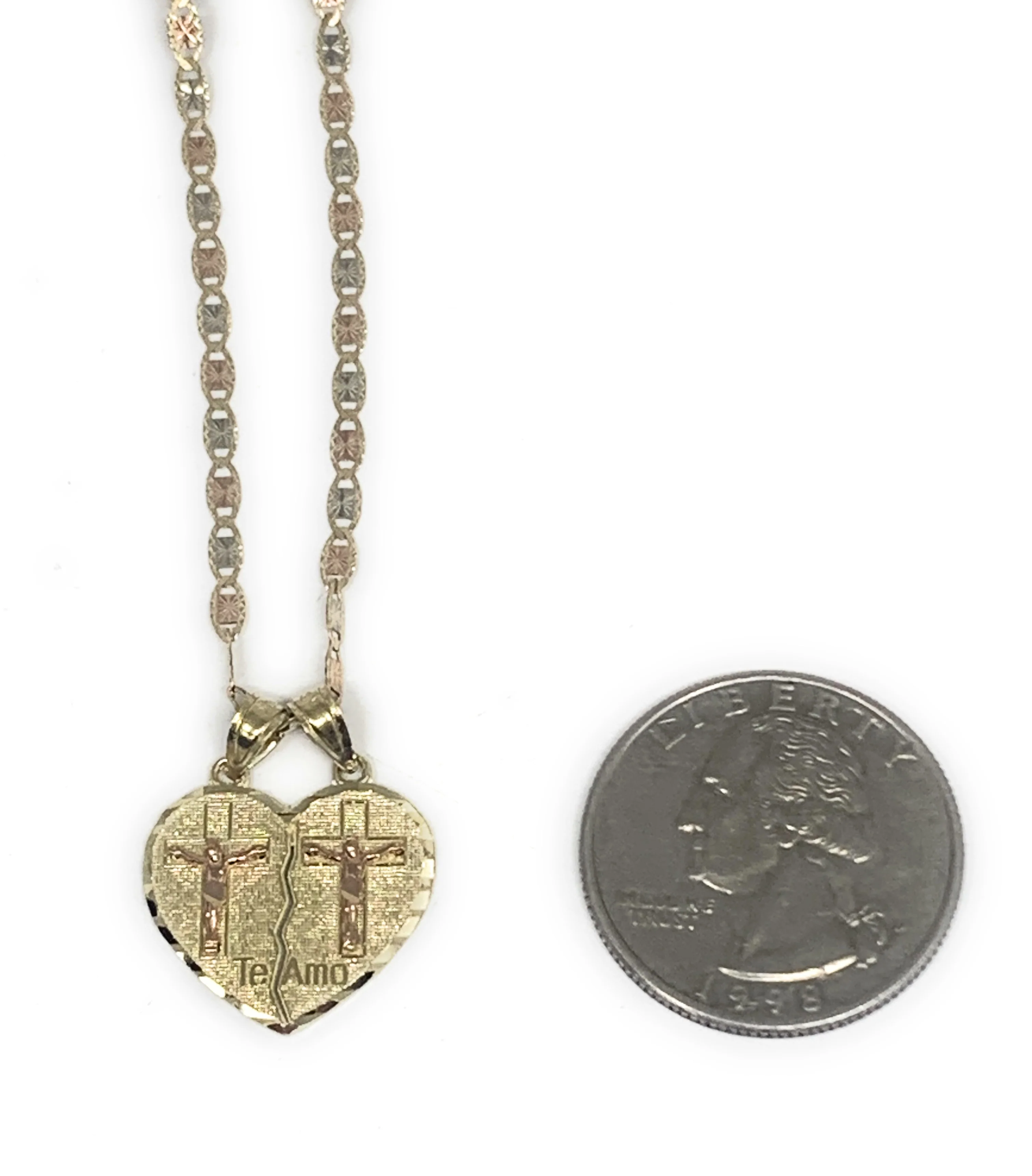 10k Solid Gold Yellow & Rose Gold Double Cristo Cross Jesus "Te Amo" Heart Split Pendant - Image 2