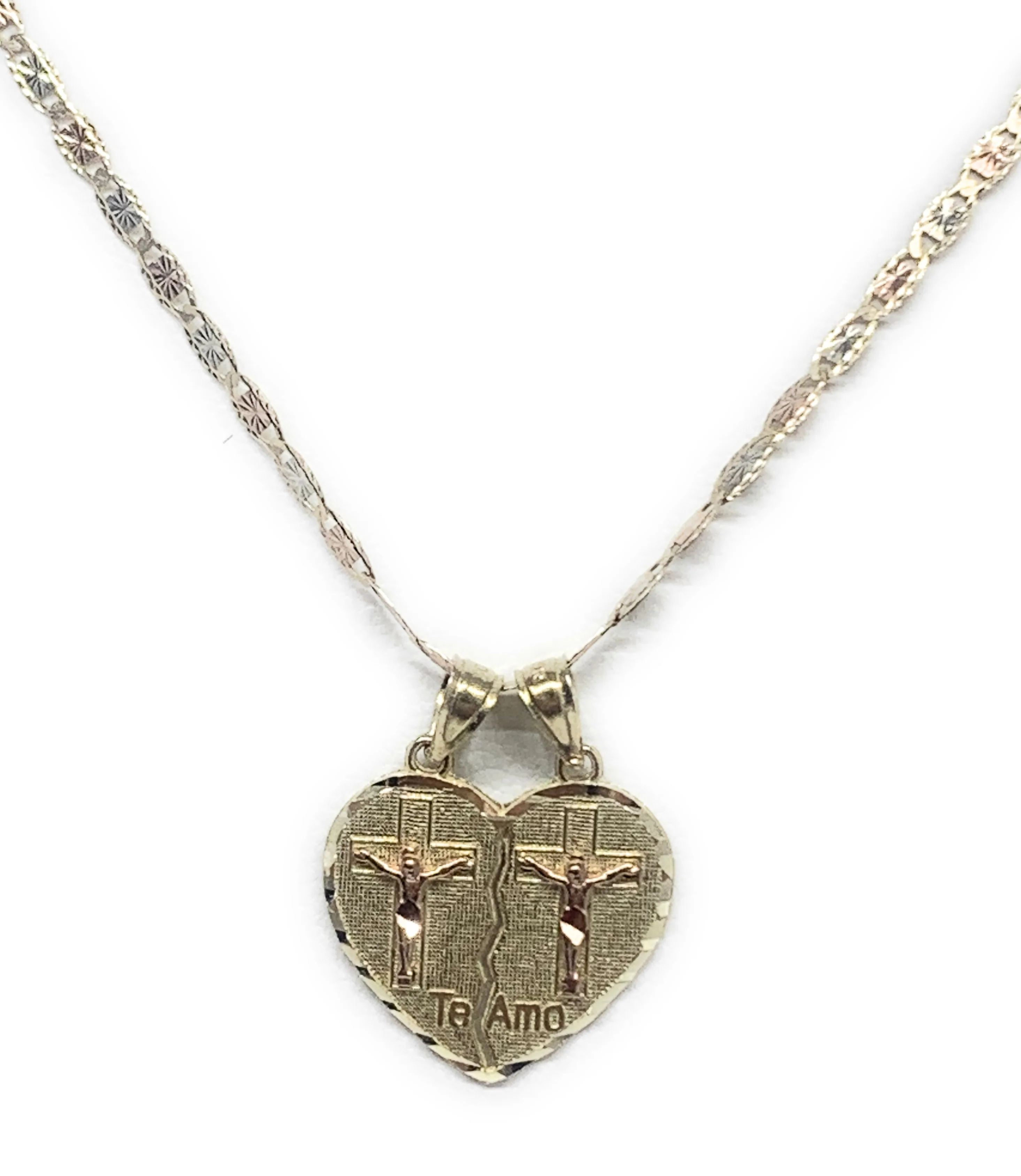 10k Solid Gold Yellow & Rose Gold Double Cristo Cross Jesus "Te Amo" Heart Split Pendant - Image 4